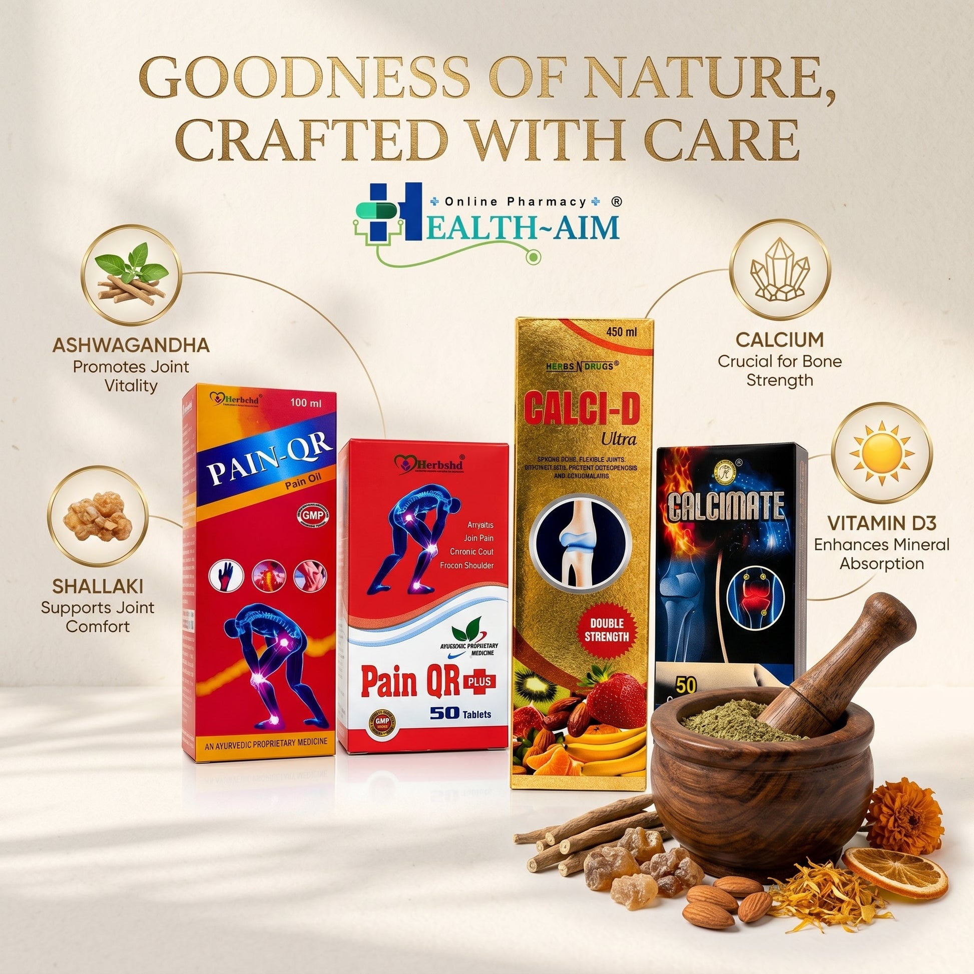 Ayurvedic Joint & Bone Wellness Combo : Pain Qr Plus Capsule & Oil and Calcimate Capsule & Calci - D Ultra Syrup Combo | 50Caps + 100ml + 50Caps + 450ml - HEALTH AIM PHARMACY
