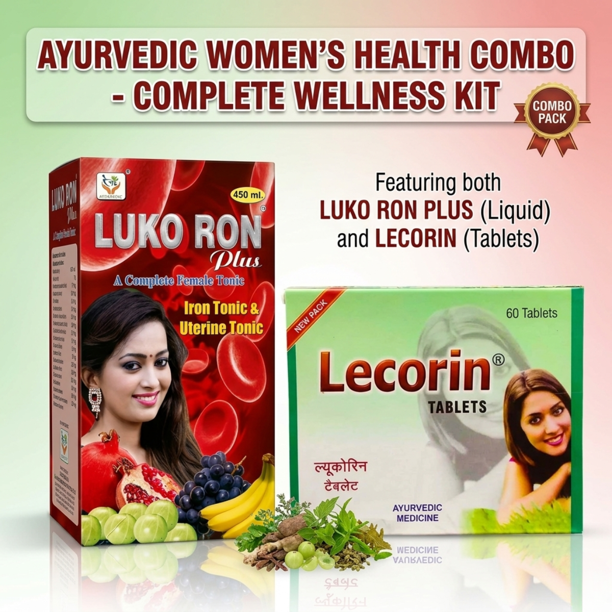 Ayurvedic Lecorin Tablets & Luko Ron Plus Tonic Women's Combo | 60Tabs + 450ml | Combo Pack - HEALTH AIM PHARMACY