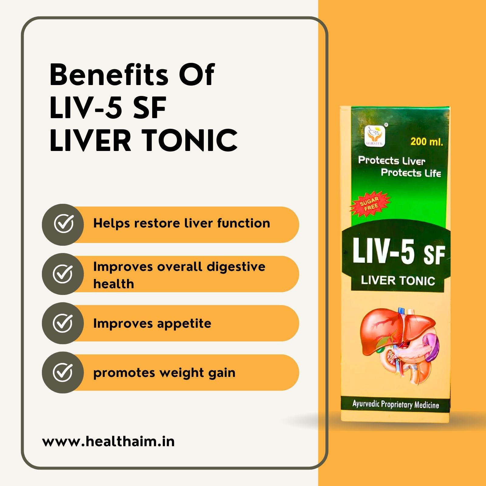 Ayurvedic LIV - 5 SF Liver Tonic & HEALTH - AIM Capsule | 200ml + 50Cap | Combo Pack - HEALTH AIM PHARMACY