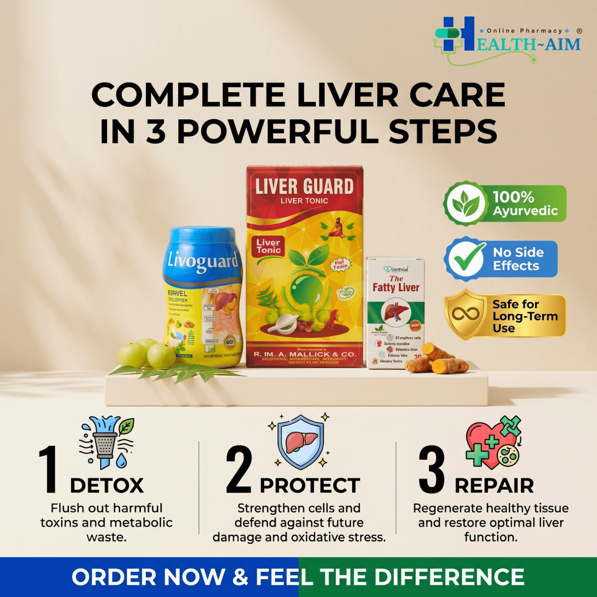 Ayurvedic Liver Care Combo – Fatty Liver Capsule, Liver Guard Tonic & Livoguard Powder for Liver Detox & Digestive Support - HEALTH AIM PHARMACY