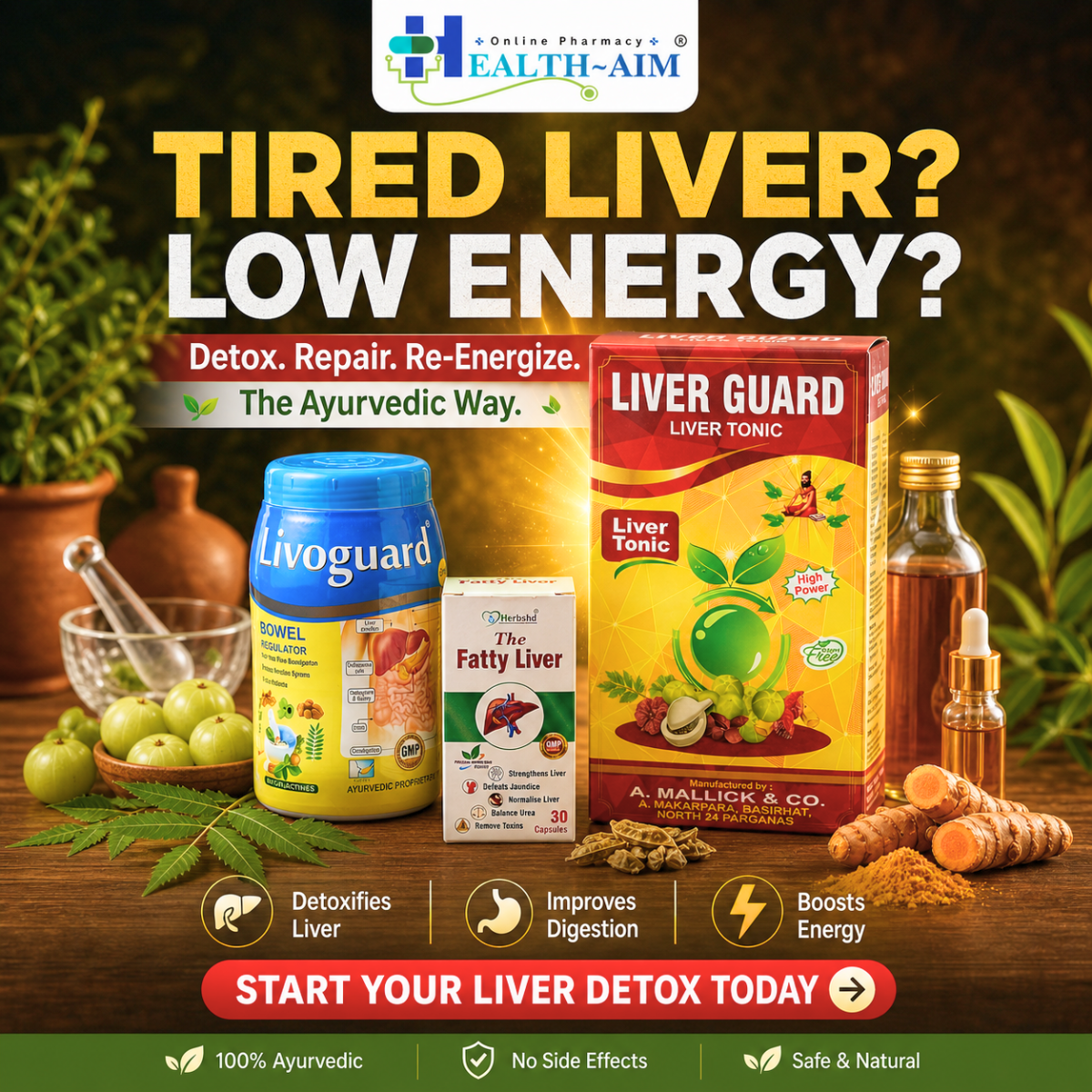 Ayurvedic Liver Care Combo – Fatty Liver Capsule, Liver Guard Tonic & Livoguard Powder for Liver Detox & Digestive Support - HEALTH AIM PHARMACY