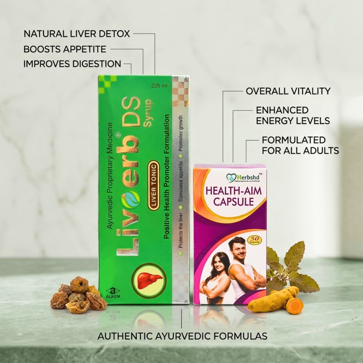 Ayurvedic Livoerb DS Syrup & Health - Aim Capsule Combo | 225ml + 50Caps | Combo Pack - HEALTH AIM PHARMACY