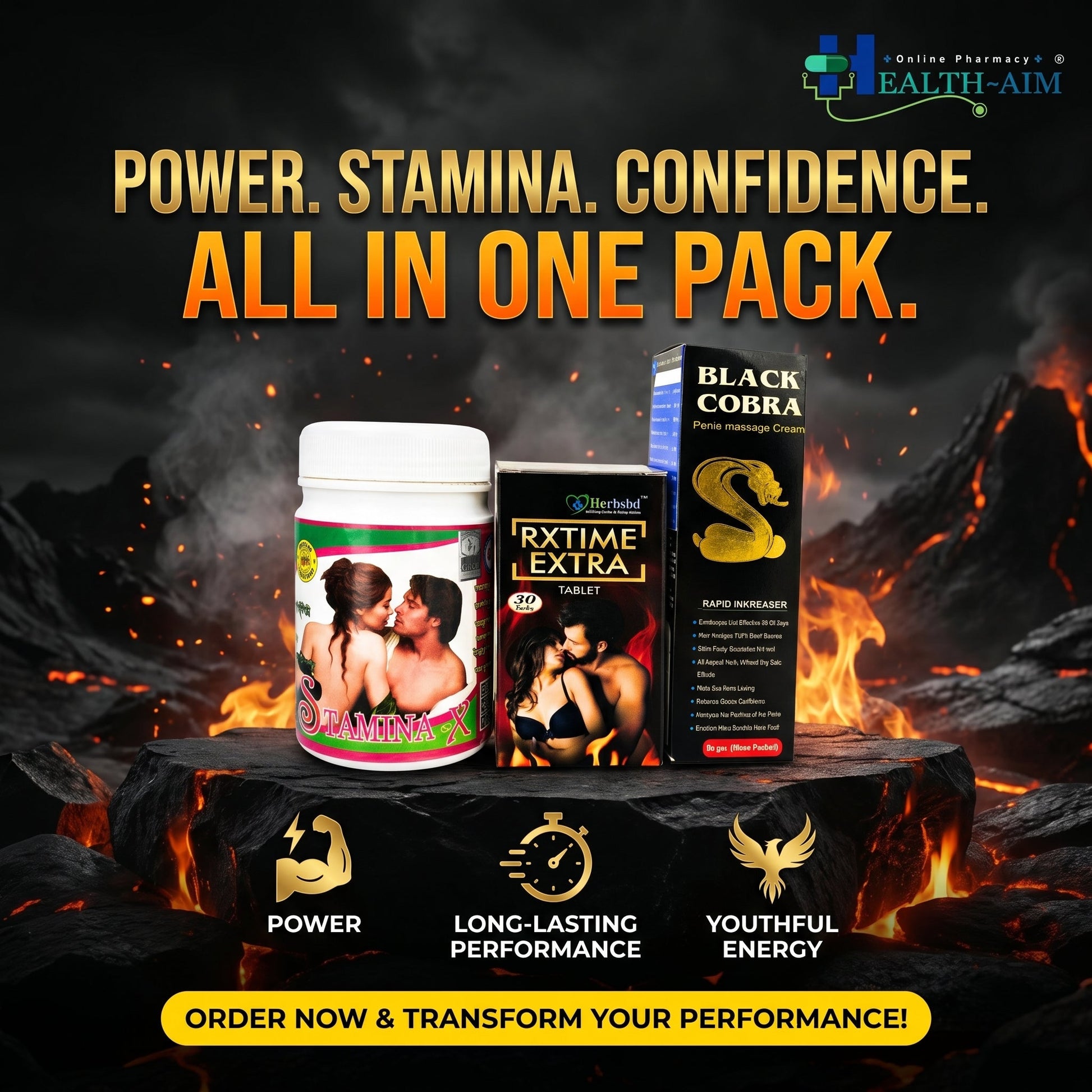 Ayurvedic Male Wellness Combo for Men | Rxtime Extra Tablet + Black Cobra Cream + Stamina X Powder | Herbal Stamina, Energy & Vitality Support | 60gm + 30Caps + 100Gm - HEALTH AIM PHARMACY