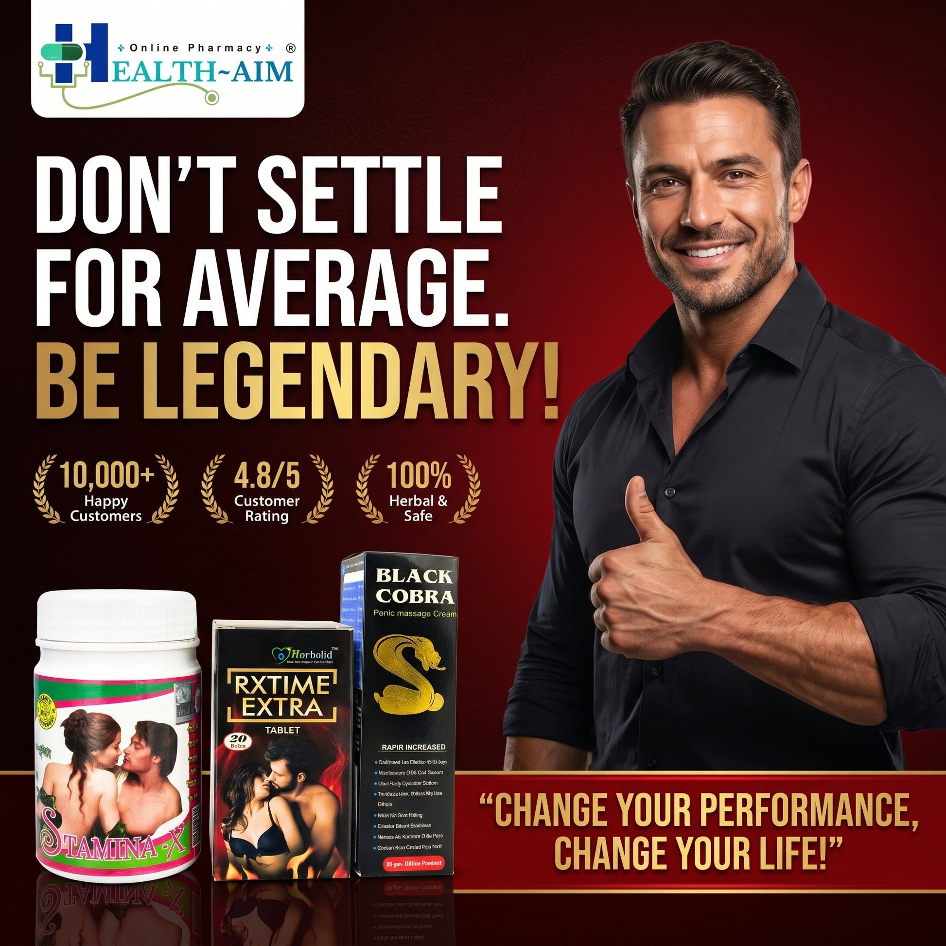 Ayurvedic Male Wellness Combo for Men | Rxtime Extra Tablet + Black Cobra Cream + Stamina X Powder | Herbal Stamina, Energy & Vitality Support | 60gm + 30Caps + 100Gm - HEALTH AIM PHARMACY