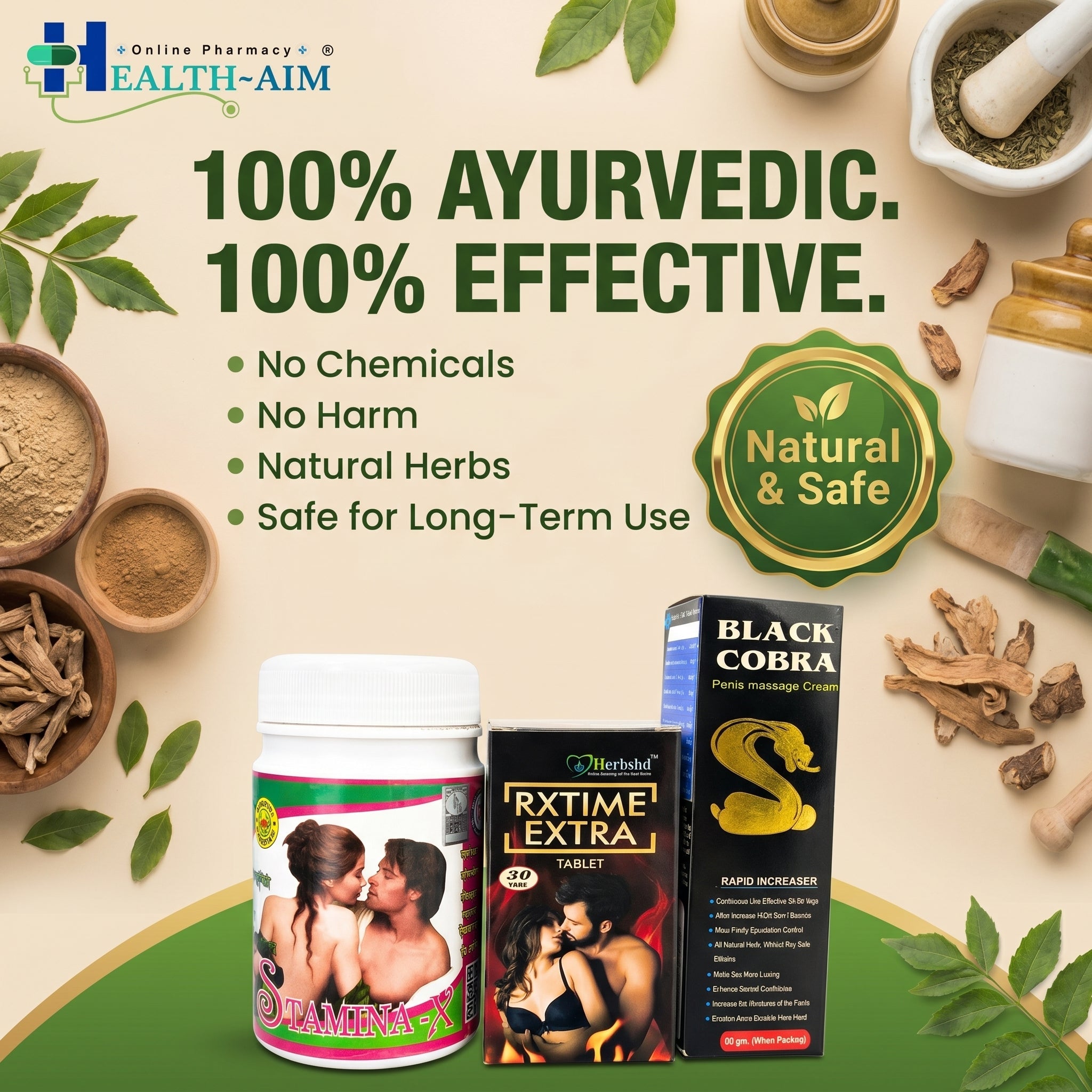 Ayurvedic Male Wellness Combo for Men | Rxtime Extra Tablet + Black Cobra Cream + Stamina X Powder | Herbal Stamina, Energy & Vitality Support | 60gm + 30Caps + 100Gm - HEALTH AIM PHARMACY