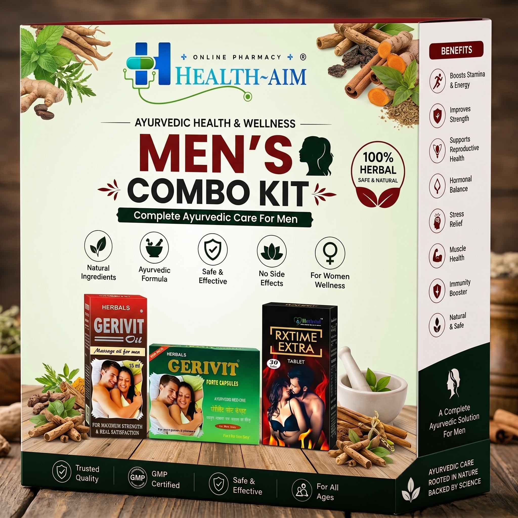 Ayurvedic Man's Combo Kit: 99% Satisfaction Herbals Gerivit Forte Capsule & Oil & Rxtime Extra Tablet | 15ml +10 Caps + 30Tabs - HEALTH AIM PHARMACY