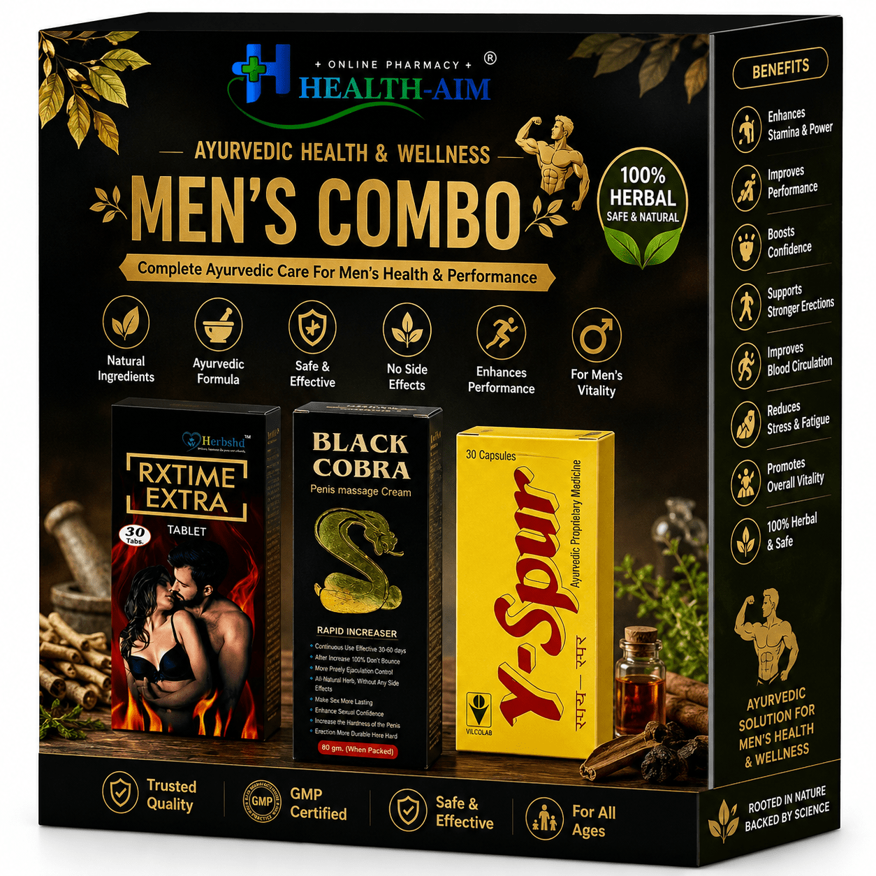 Ayurvedic Men's Combo: Y Spur Capsule and RxTime Extra Tablet & Black Cobra Massage Cream Combo | 30Caps + 30Tabs + 60Gm | Combo Pack - HEALTH AIM PHARMACY