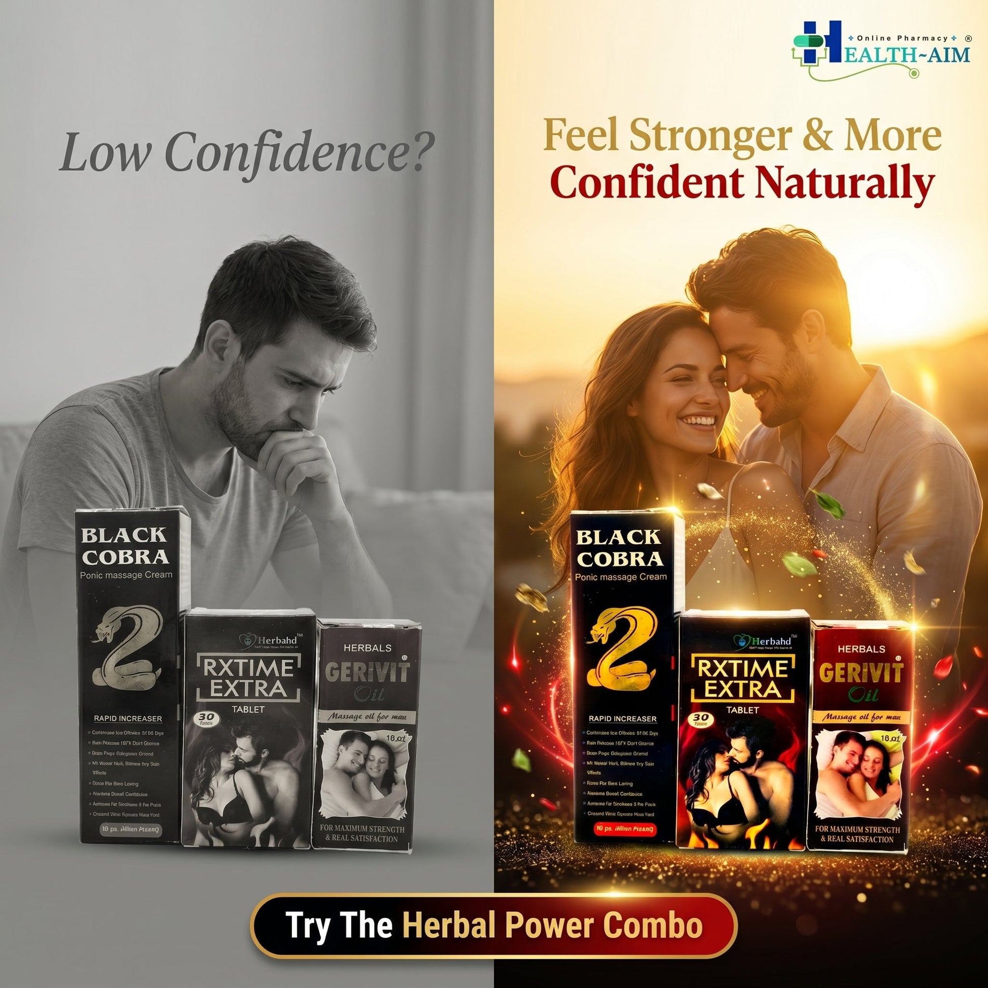 Ayurvedic Men’s Vitality & Wellness Combo – Rxtime Extra Tablets, Black Cobra Massage Cream & Gerivit Oil for Stamina, Energy & Confidence | Combo Pack - HEALTH AIM PHARMACY