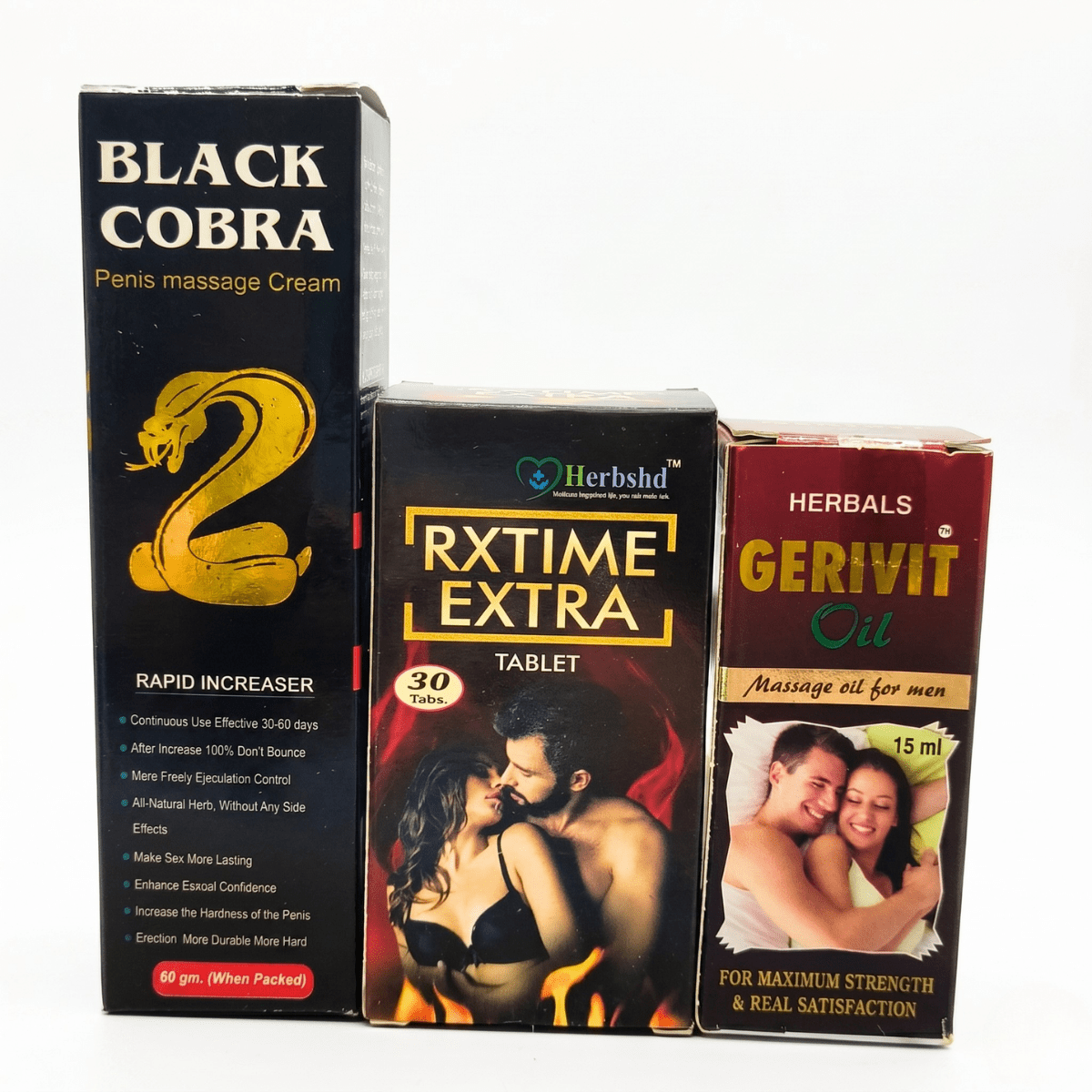 Ayurvedic Men’s Vitality & Wellness Combo – Rxtime Extra Tablets, Black Cobra Massage Cream & Gerivit Oil for Stamina, Energy & Confidence | Combo Pack - HEALTH AIM PHARMACY