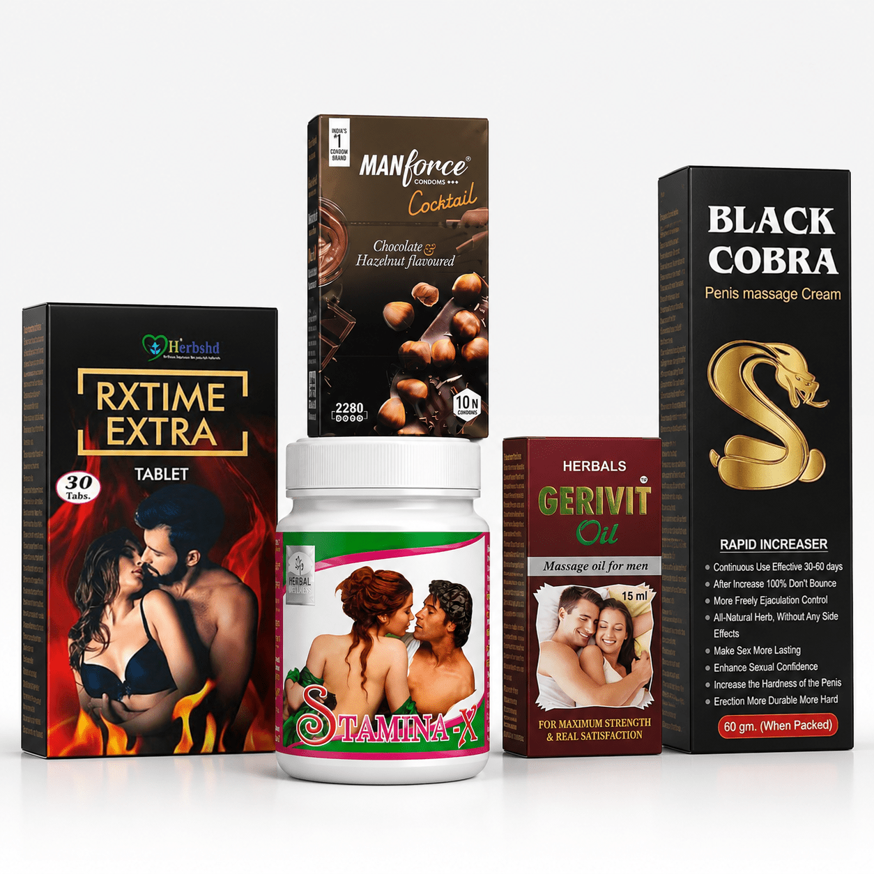 Ayurvedic Men’s Vitality & Wellness Complete Combo Kit – RxTime Extra Tablet 30 Tabs + Black Cobra Massage Cream 60gm + Stamina X Powder 100gm + Gerivit Oil 15ml + MANforce Condoms Chocolate Flavoured 10N Condoms - HEALTH AIM PHARMACY