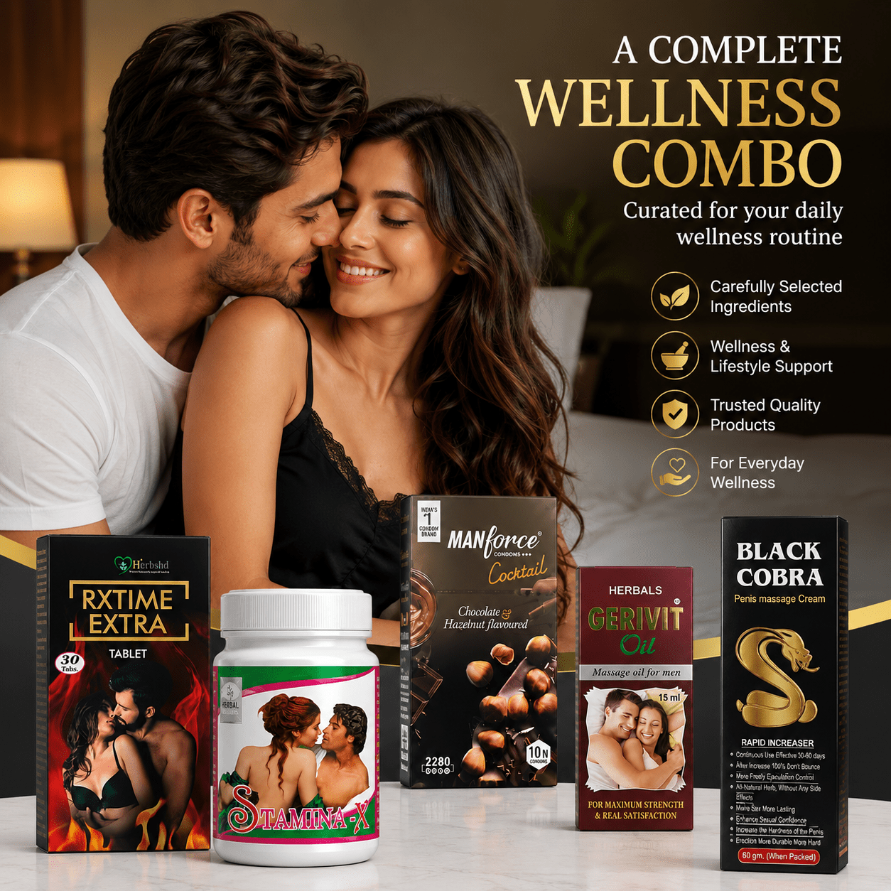Ayurvedic Men’s Vitality & Wellness Complete Combo Kit – RxTime Extra Tablet 30 Tabs + Black Cobra Massage Cream 60gm + Stamina X Powder 100gm + Gerivit Oil 15ml + MANforce Condoms Chocolate Flavoured 10N Condoms - HEALTH AIM PHARMACY