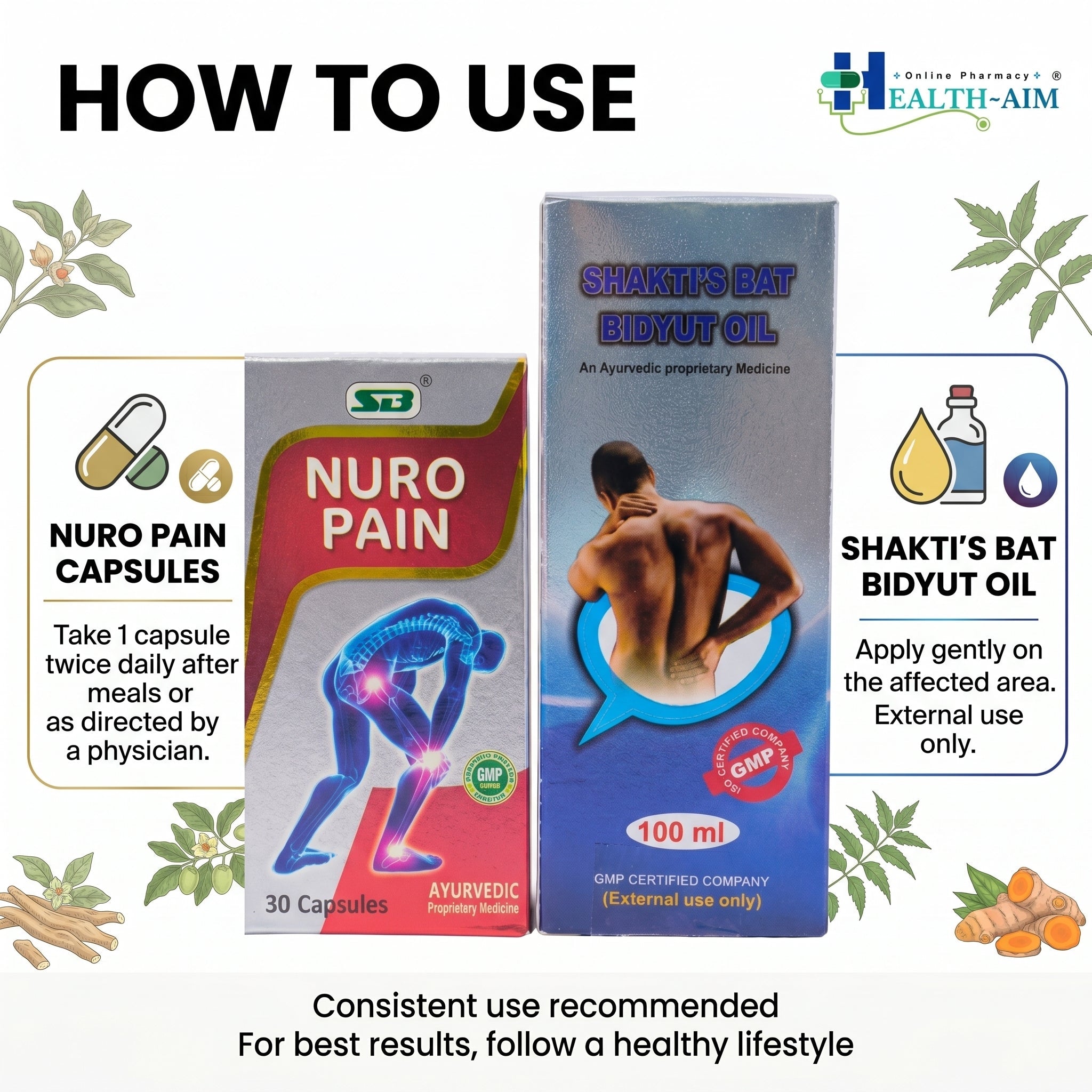 Ayurvedic Nuro Pain Capsule & Shakti's Bat Bidyut Oil Combo | 30Caps + 100ml | Combo Pack - HEALTH AIM PHARMACY
