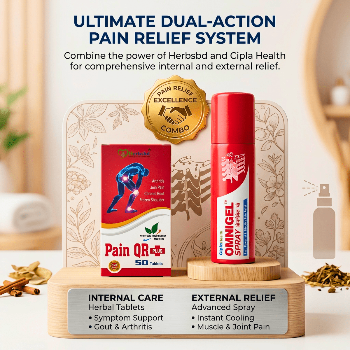 Ayurvedic Pain Qr Plus Capsule & OmniGel Spary Combo | 50Caps + 35gm | Combo Pack - HEALTH AIM PHARMACY