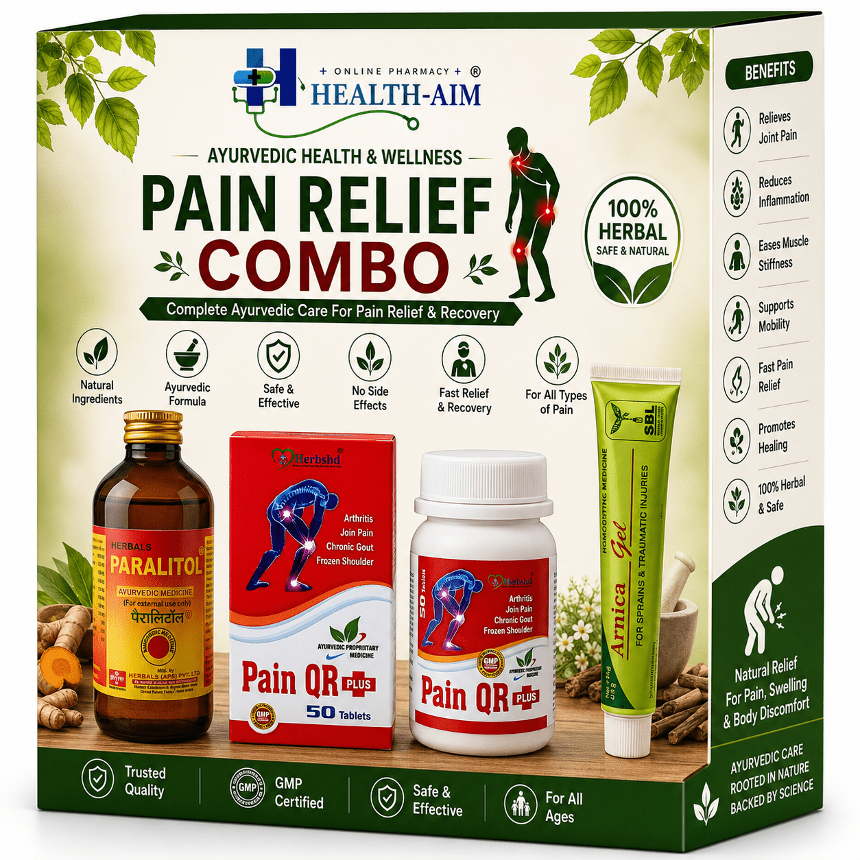 Ayurvedic Pain Relief Combo: Paralitol Oil and Pain QR Plus Capsule & Arnica Gel Combo | 200ml + 50Caps + 25g - HEALTH AIM PHARMACY