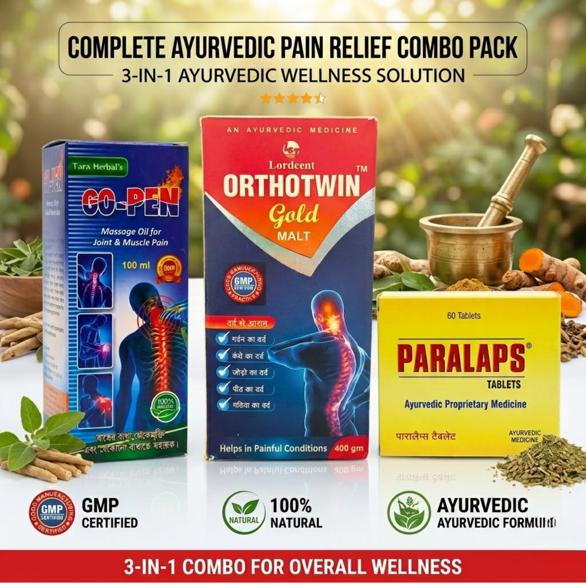 Ayurvedic Paralaps Tablets and Go - Pen Massage Oil & Orthotein Gold Malt Tonic Combo | 60Tabs + 100ml + 400gm | Combo Pack - HEALTH AIM PHARMACY