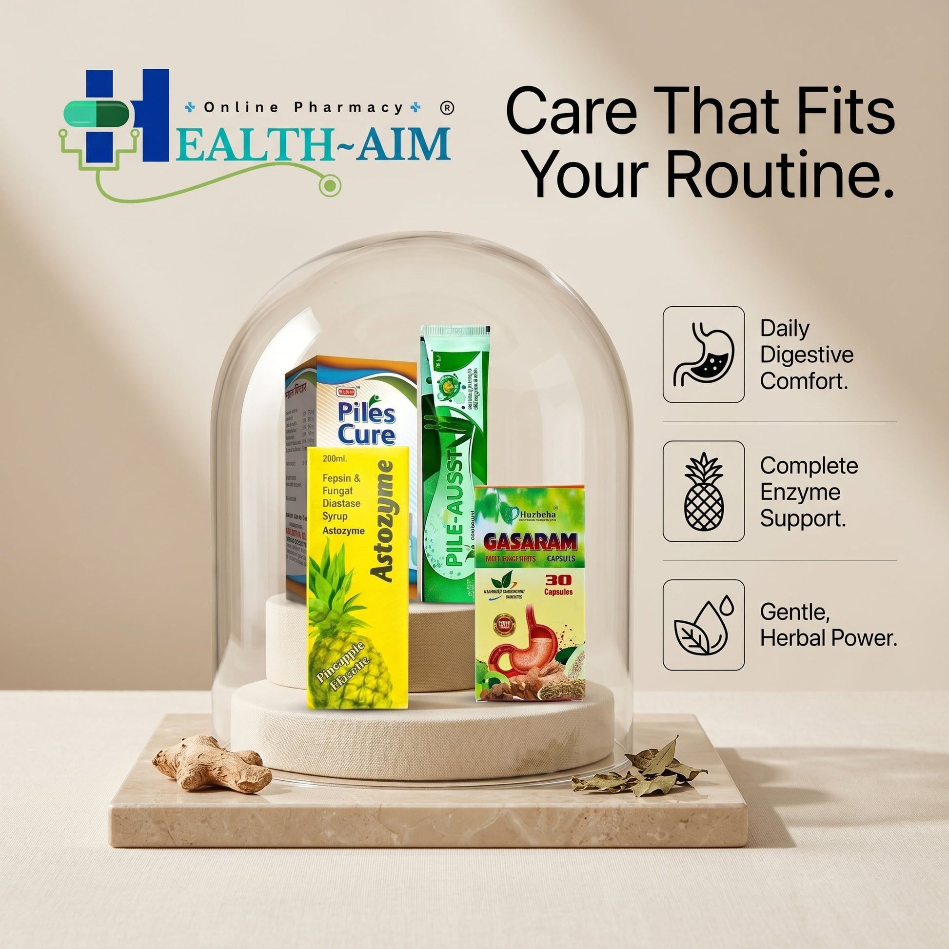 Ayurvedic Piles Combo Kit: Piles Cure Capsule, Astozyme Syrup, Pile - Aust Ointment & Gasaram Capsule | 50Caps + 200ml + 20gm + 30Caps - HEALTH AIM PHARMACY