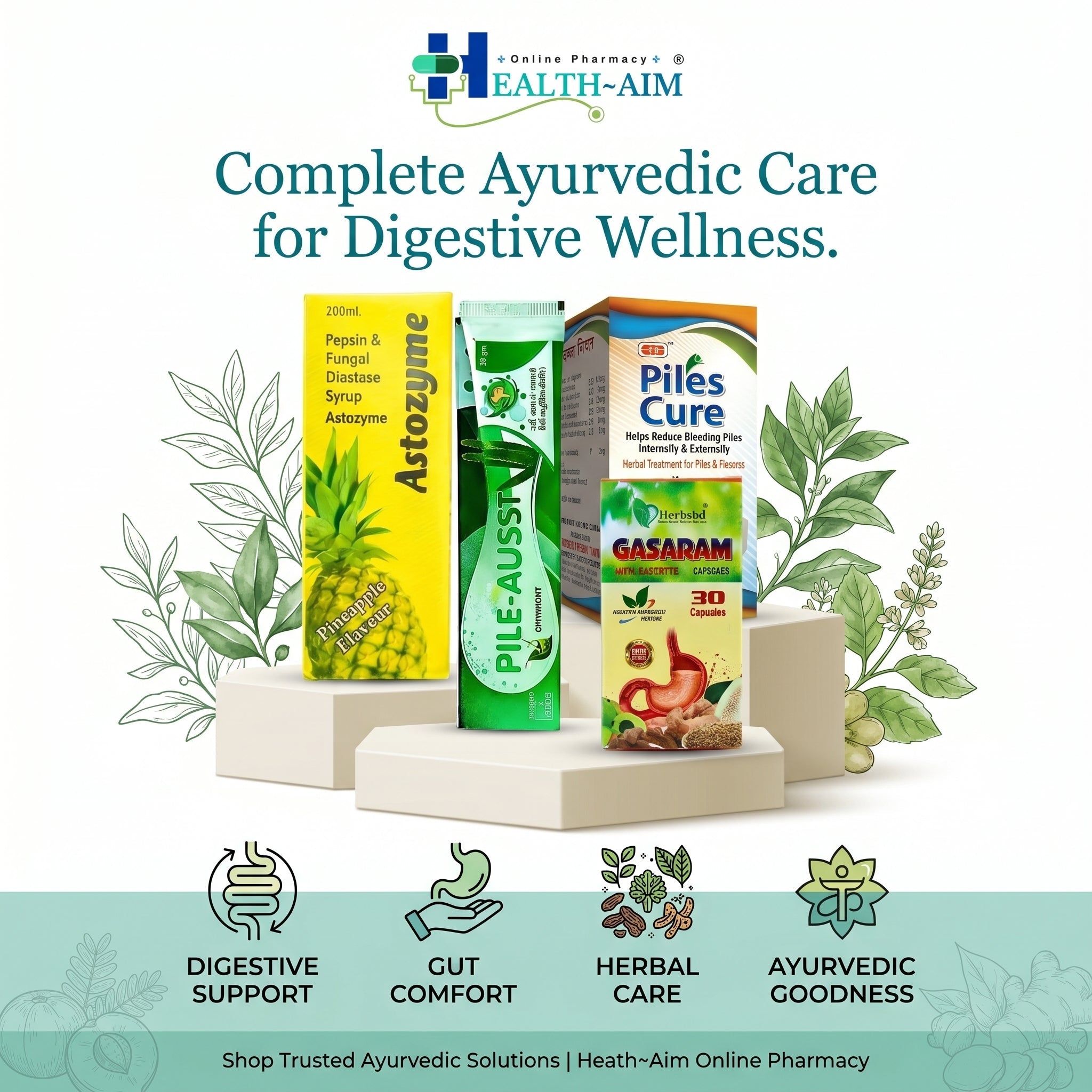 Ayurvedic Piles Combo Kit: Piles Cure Capsule, Astozyme Syrup, Pile - Aust Ointment & Gasaram Capsule | 50Caps + 200ml + 20gm + 30Caps - HEALTH AIM PHARMACY