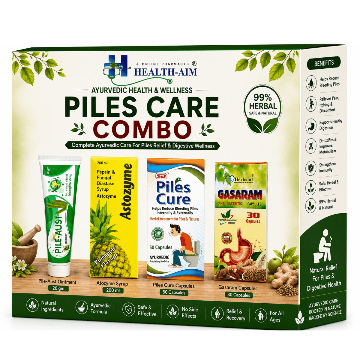 Ayurvedic Piles Combo Kit: Piles Cure Capsule, Astozyme Syrup, Pile - Aust Ointment & Gasaram Capsule | 50Caps + 200ml + 20gm + 30Caps - HEALTH AIM PHARMACY