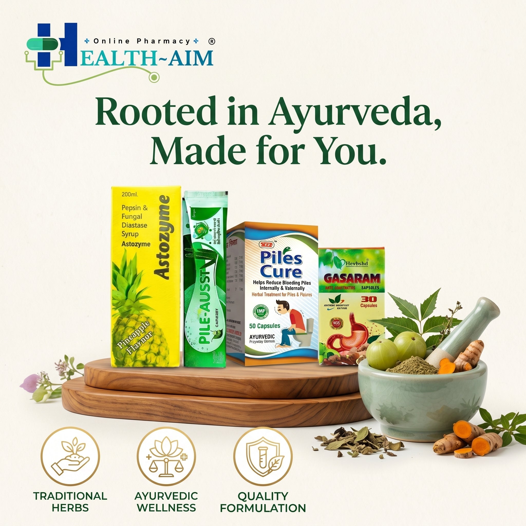 Ayurvedic Piles Combo Kit: Piles Cure Capsule, Astozyme Syrup, Pile - Aust Ointment & Gasaram Capsule | 50Caps + 200ml + 20gm + 30Caps - HEALTH AIM PHARMACY