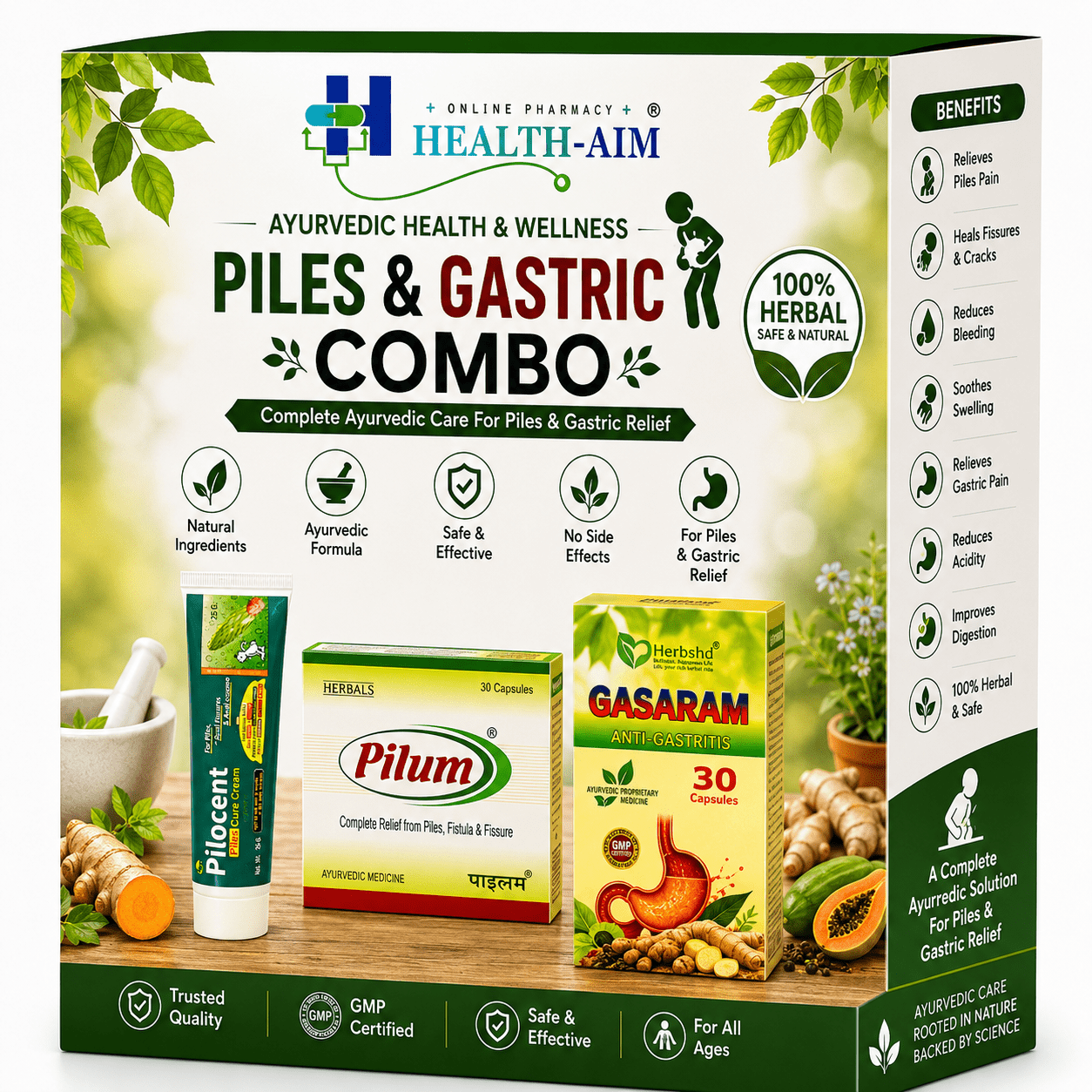 Ayurvedic Pilum 30 Capsule and Gasaram 30 Capsule & Pilocent Cream 25g | Combo Pack of 8 - HEALTH AIM PHARMACY