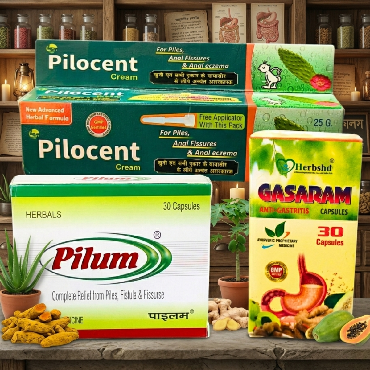 Ayurvedic Pilum Capsule and Gasaram Capsule & Pilocent Cream Combo | 30 Caps + 30 Caps + 25 g | Combo Pack - HEALTH AIM PHARMACY