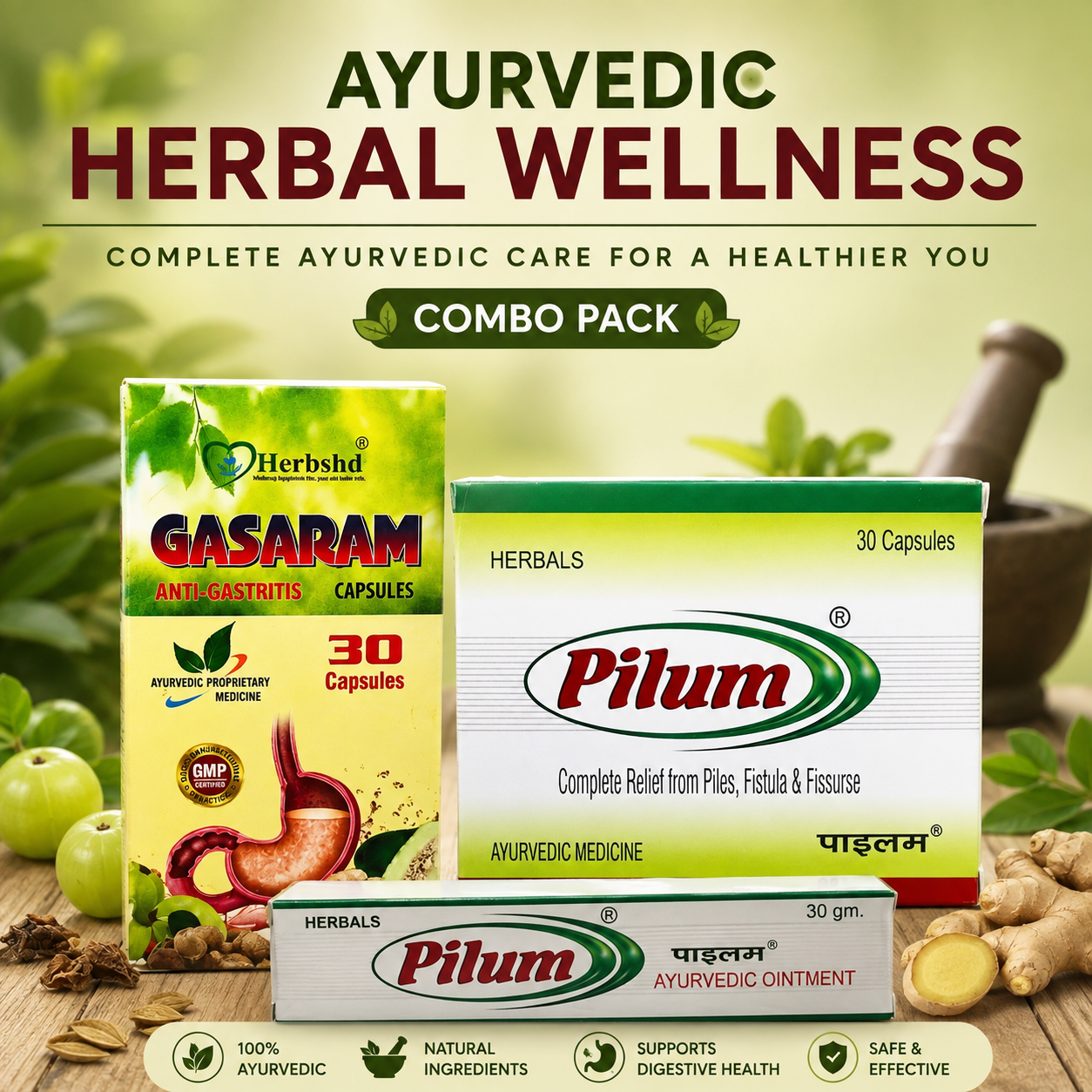 Ayurvedic Pilum Capsule and Gasaram Capsule & Pilum Ointment Combo | 30 Caps + 30 Caps + 30 gm | Combo Pack - HEALTH AIM PHARMACY