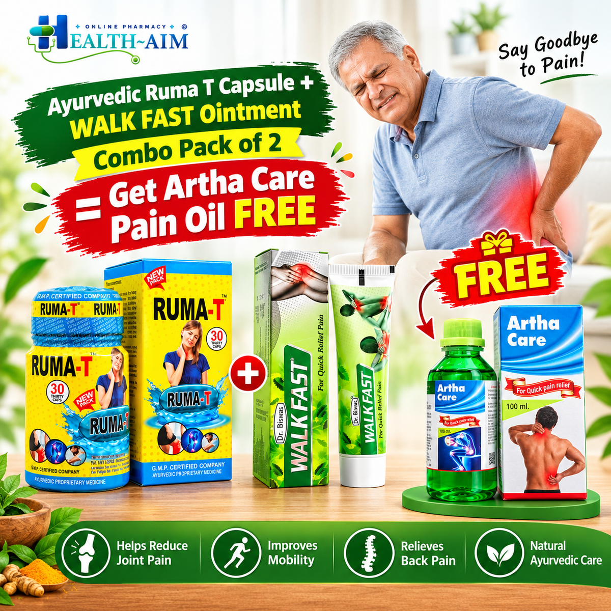 Ayurvedic Ruma T Capsule & WALK FAST Ointment Combo Pack of 2 + Get Artha Care Pain Oil FREE - HEALTH AIM PHARMACY