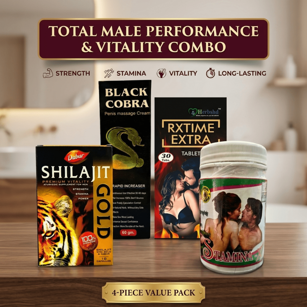 Ayurvedic RxTime Extra Capsule + Shilajit Gold Capsule + Stamina - X Powder + Black Cobra Massage Cream Combo | 30 Caps + 10 Caps + 100gm + 60gm | Combo Pack - HEALTH AIM PHARMACY