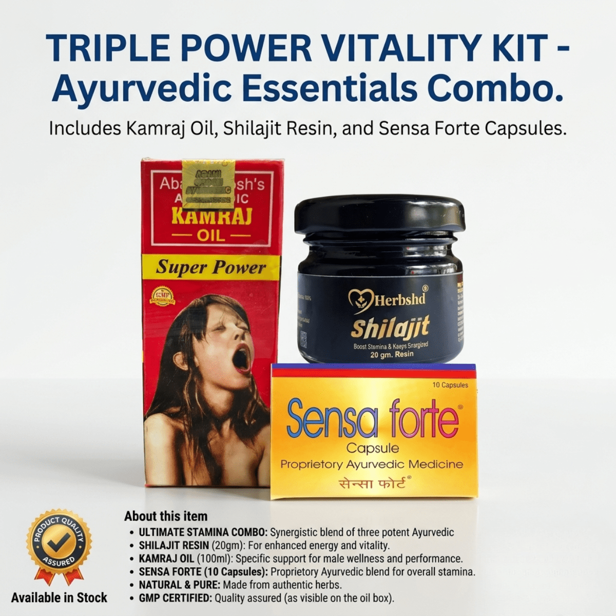 Ayurvedic Sensa Forte Capsule and Kamraj Oil & Shilajit combo | 10Caps + 30ml + 20gm | Combo Pack - HEALTH AIM PHARMACY