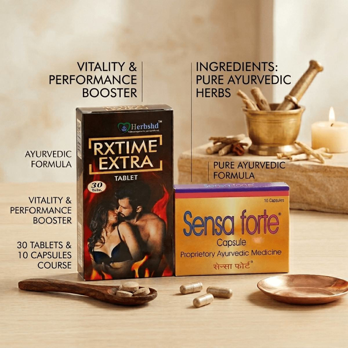 Ayurvedic Sensa Forte Capsule & RxTime Extra Capsule Combo | 10Caps + 30Caps | Combo Pack - HEALTH AIM PHARMACY