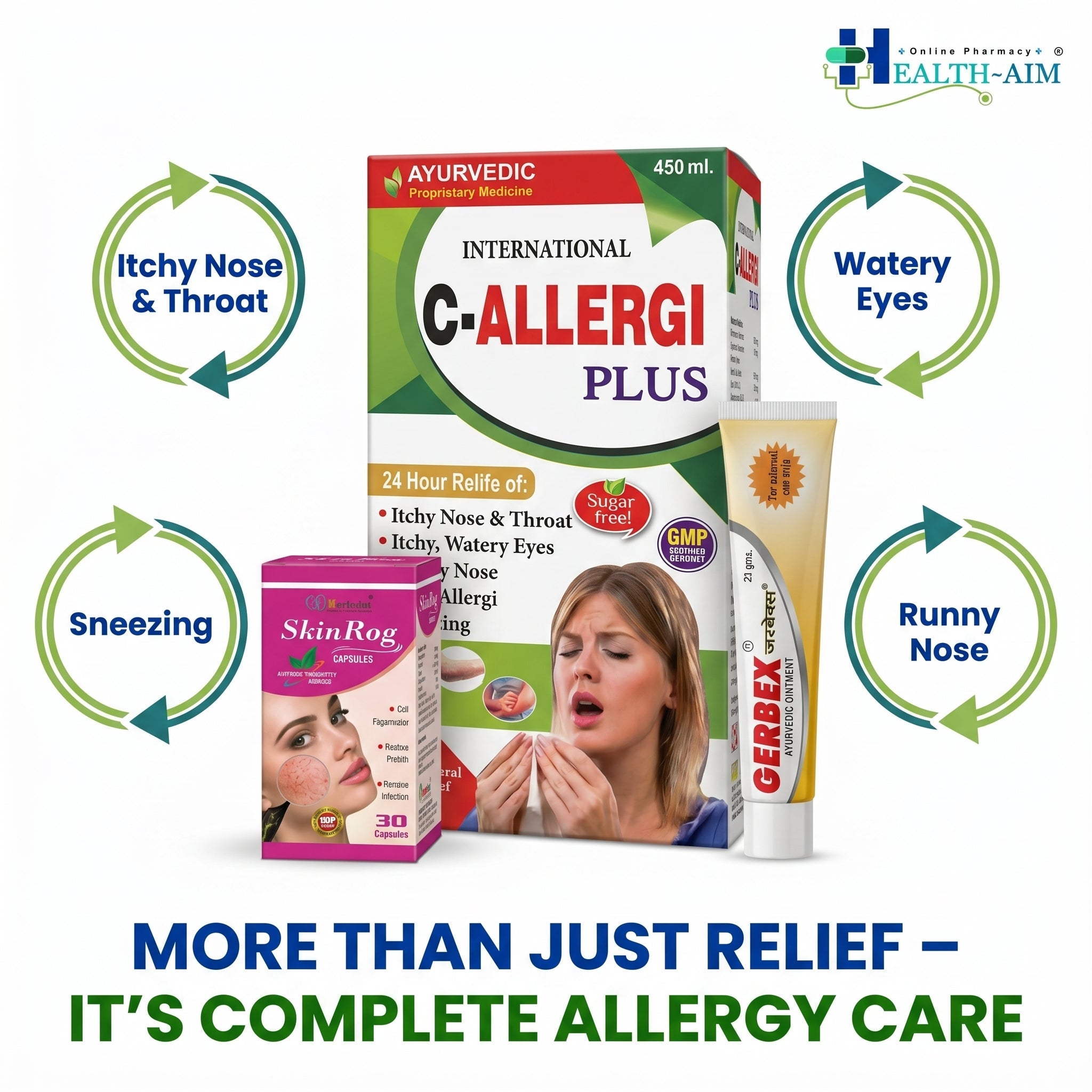 Ayurvedic Skin Care Allergi Combo Kit SkinRog Capsule, C - Allergi Plus Syrup & Gerbex Ointment Combo | 30Caps + 450ml + 20gm | Combo Pack - HEALTH AIM PHARMACY