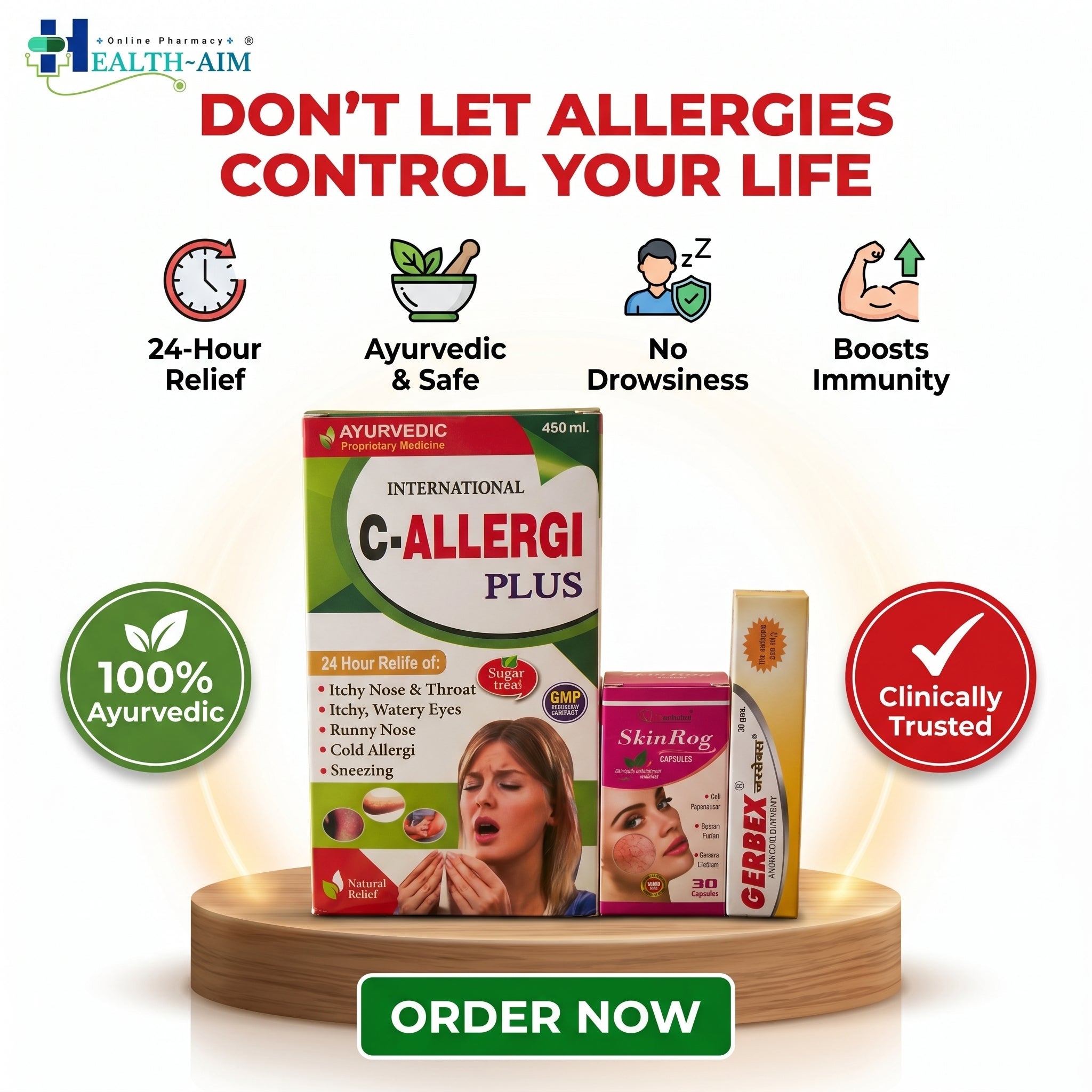 Ayurvedic Skin Care Allergi Combo Kit SkinRog Capsule, C - Allergi Plus Syrup & Gerbex Ointment Combo | 30Caps + 450ml + 20gm | Combo Pack - HEALTH AIM PHARMACY