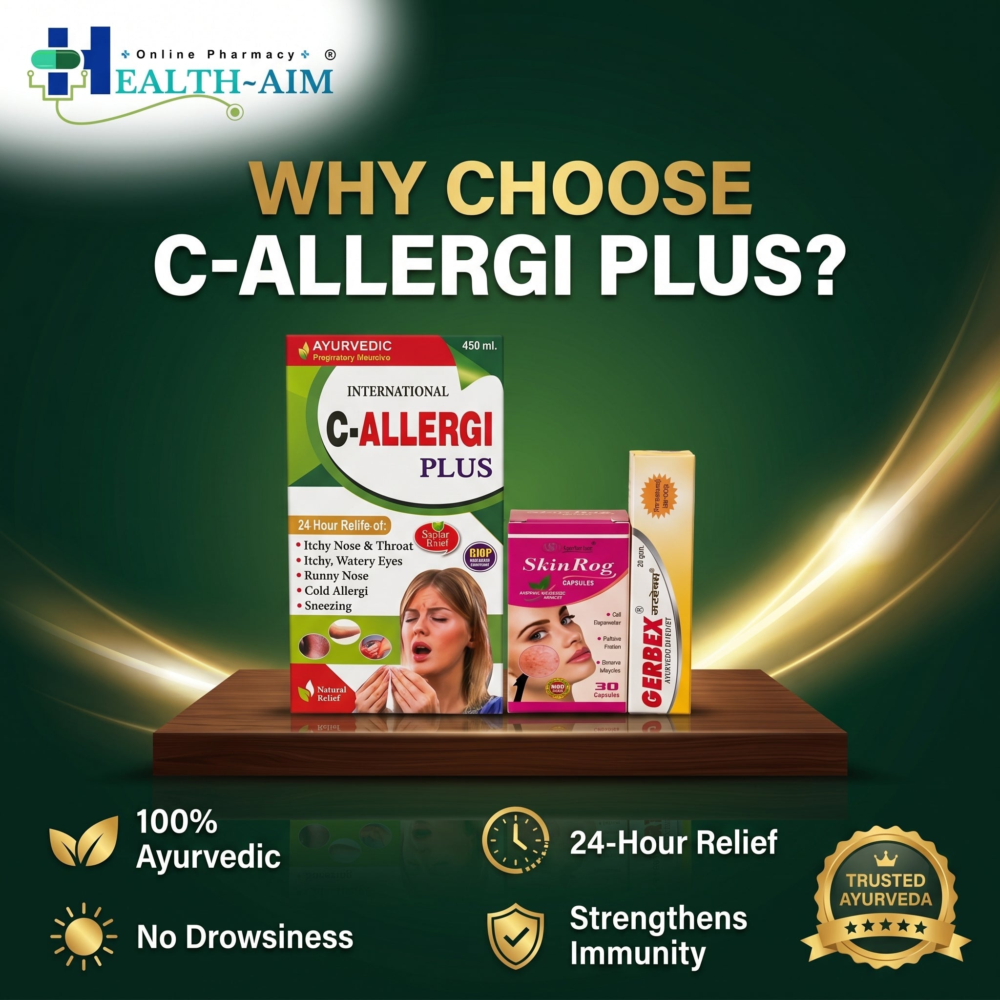 Ayurvedic Skin Care Allergi Combo Kit SkinRog Capsule, C - Allergi Plus Syrup & Gerbex Ointment Combo | 30Caps + 450ml + 20gm | Combo Pack - HEALTH AIM PHARMACY