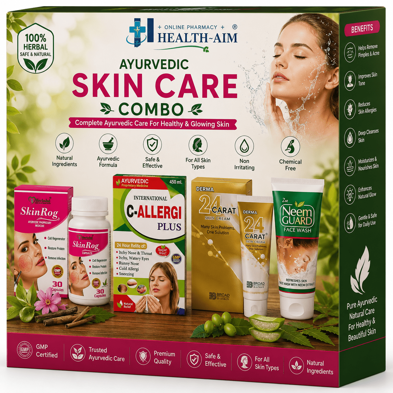 Ayurvedic Skin Care Combo Kit: C - Allergi Plus Syrup 450ml + SkinRog 30 Capsule + Derma 24 Carat Skin Cream 25g & Neem Guard Face Wash 60g - HEALTH AIM PHARMACY