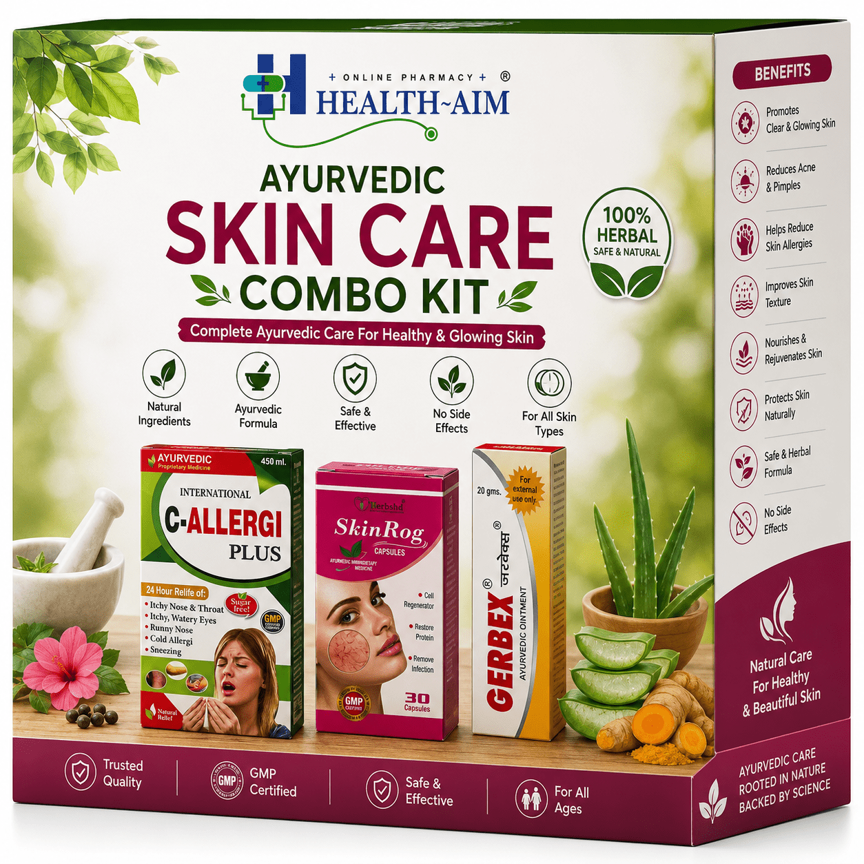 Ayurvedic Skin Care Combo Kit: SkinRog Capsule, C - Allergi Plus Syrup & Gerbex Ointment Combo | 30Caps + 450ml + 20gm - HEALTH AIM PHARMACY