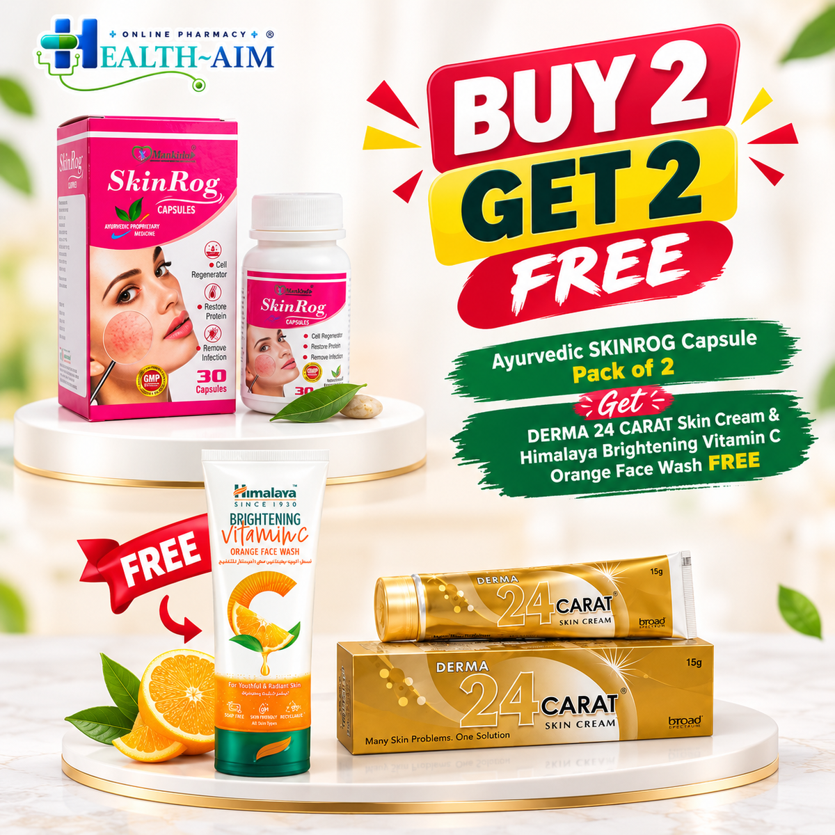 Ayurvedic SKINROG Capsule Pack of 2 + Get DERMA 24 CARAT SKIN CREAM & Himalaya Brightening Vitamin C Orange Face Wash FREE - HEALTH AIM PHARMACY