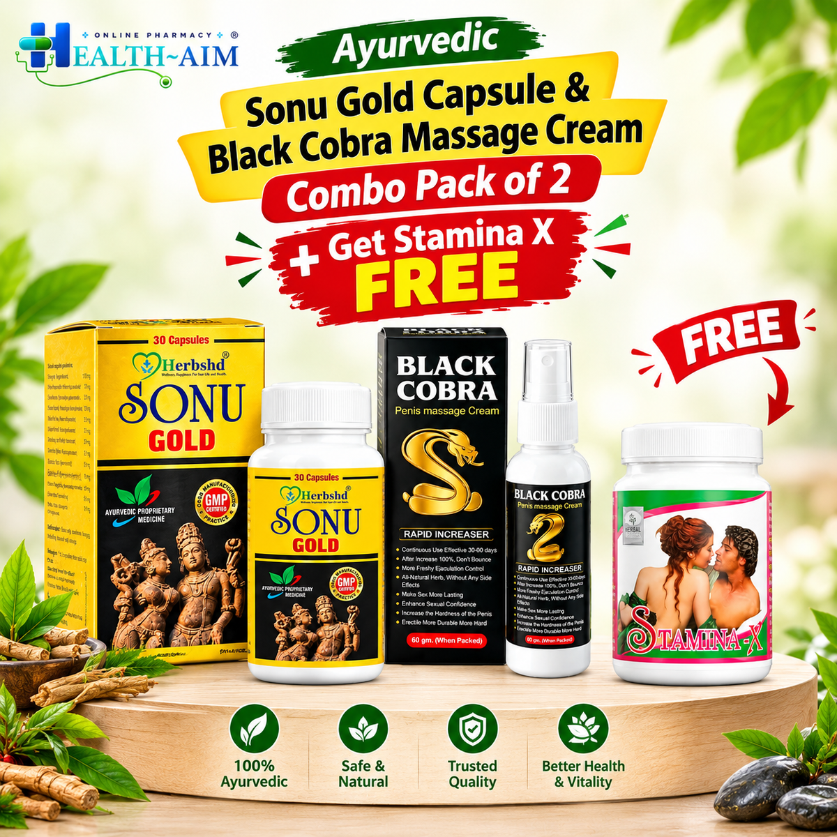 Ayurvedic Sonu Gold Capsule & Black Cobra Massage Cream Combo Pack of 2 + Get Stamina X FREE - HEALTH AIM PHARMACY