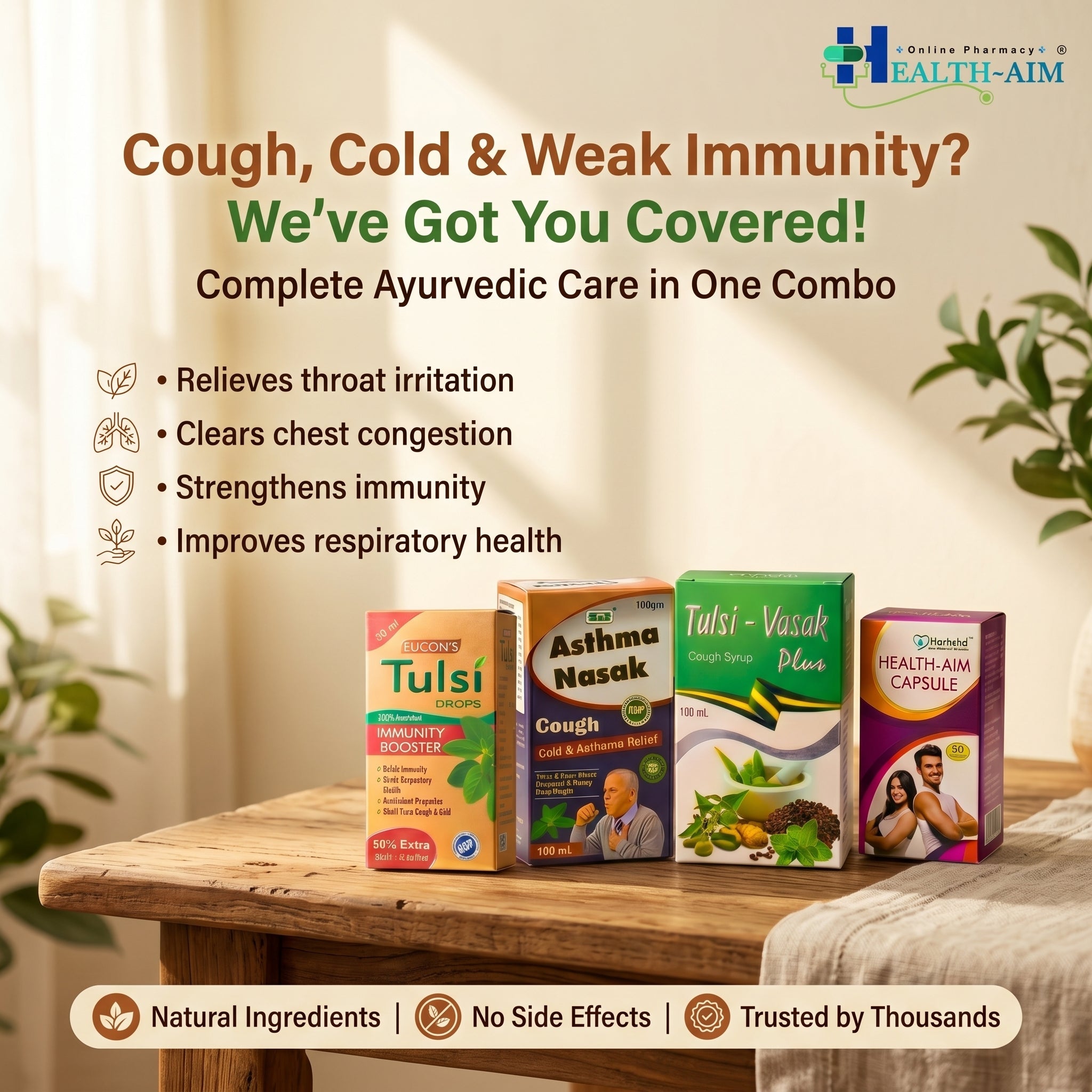 Ayurvedic Tulsi - Vasak Plus Syrup,Health - Aim Capsule,Tulsi Drops & Asthama Nasak Powder Combo | 100gm + 100ml + 30ml + 50Caps | Combo Pack - HEALTH AIM PHARMACY