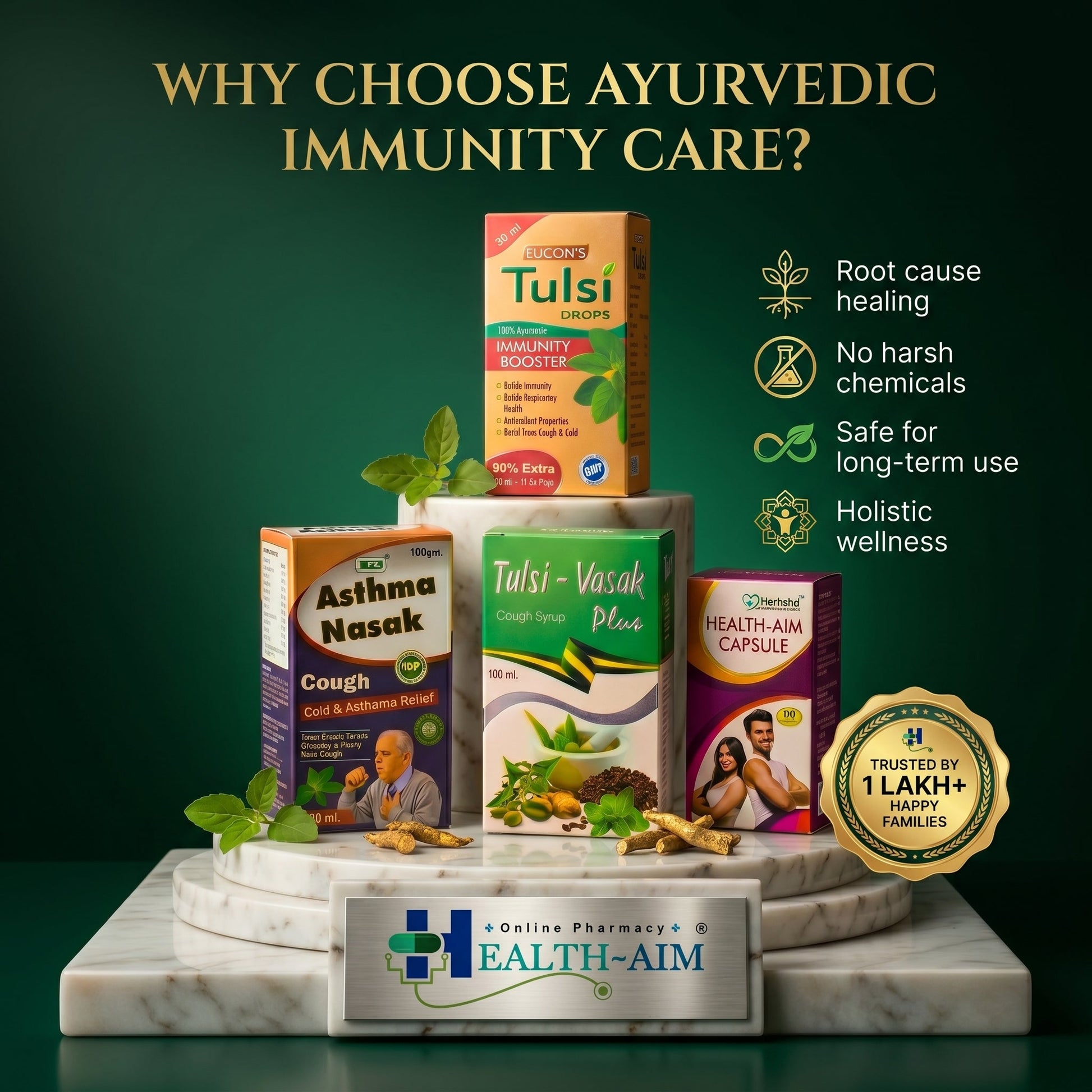 Ayurvedic Tulsi - Vasak Plus Syrup,Health - Aim Capsule,Tulsi Drops & Asthama Nasak Powder Combo | 100gm + 100ml + 30ml + 50Caps | Combo Pack - HEALTH AIM PHARMACY