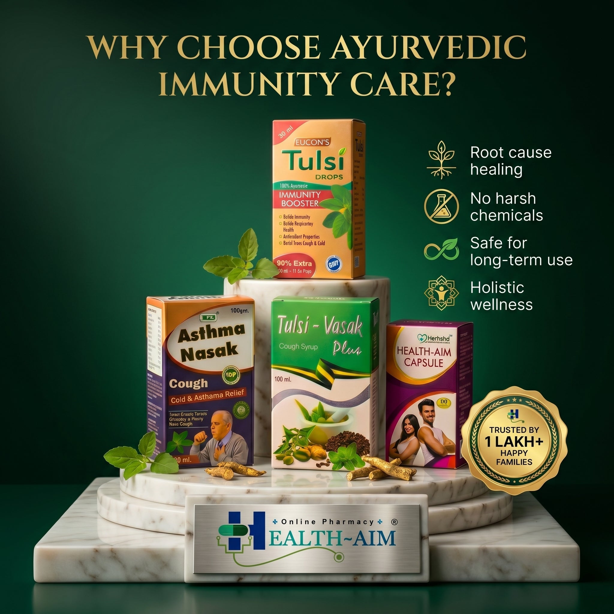 Ayurvedic Tulsi - Vasak Plus Syrup,Health - Aim Capsule,Tulsi Drops & Asthama Nasak Powder Combo | 100gm + 100ml + 30ml + 50Caps | Combo Pack - HEALTH AIM PHARMACY