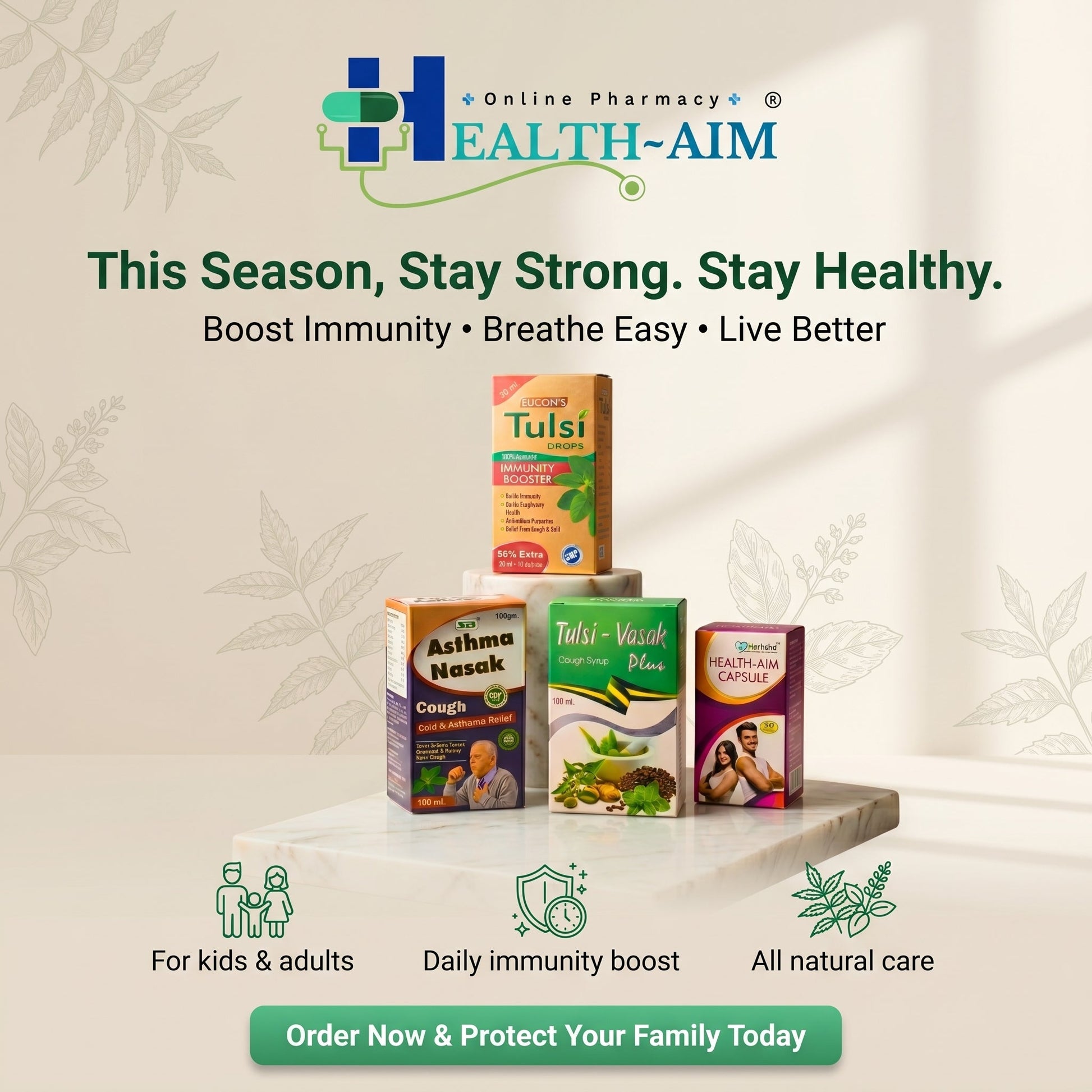 Ayurvedic Tulsi - Vasak Plus Syrup,Health - Aim Capsule,Tulsi Drops & Asthama Nasak Powder Combo | 100gm + 100ml + 30ml + 50Caps | Combo Pack - HEALTH AIM PHARMACY