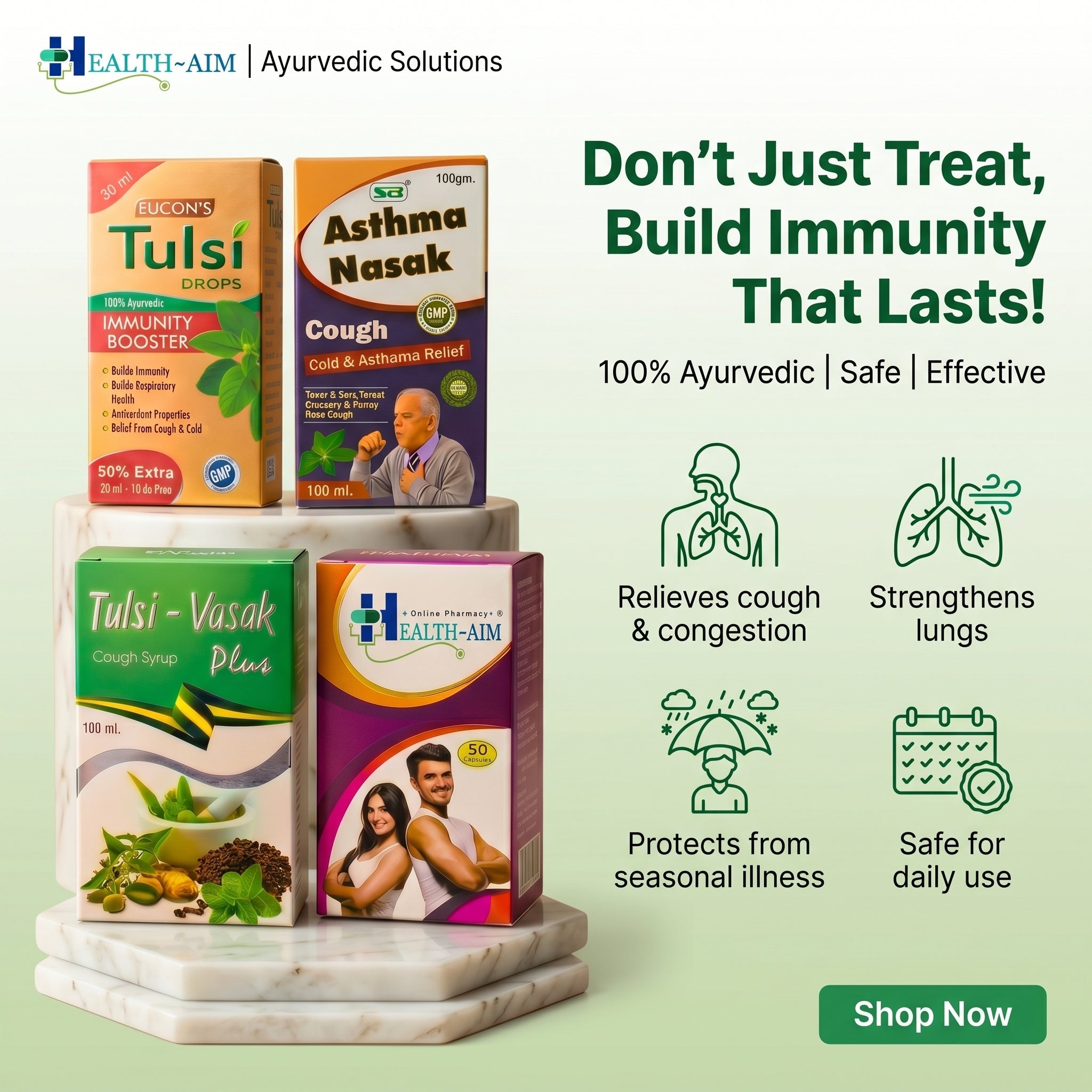 Ayurvedic Tulsi - Vasak Plus Syrup,Health - Aim Capsule,Tulsi Drops & Asthama Nasak Powder Combo | 100gm + 100ml + 30ml + 50Caps | Combo Pack - HEALTH AIM PHARMACY
