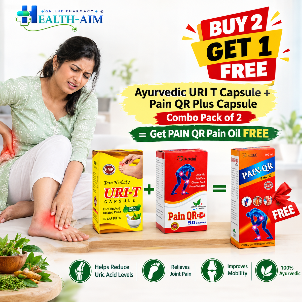 Ayurvedic URI T Capsule & Pain QR Plus Capsule Combo Pack of 2 + Get PAIN QR Pain Oil FREE - HEALTH AIM PHARMACY