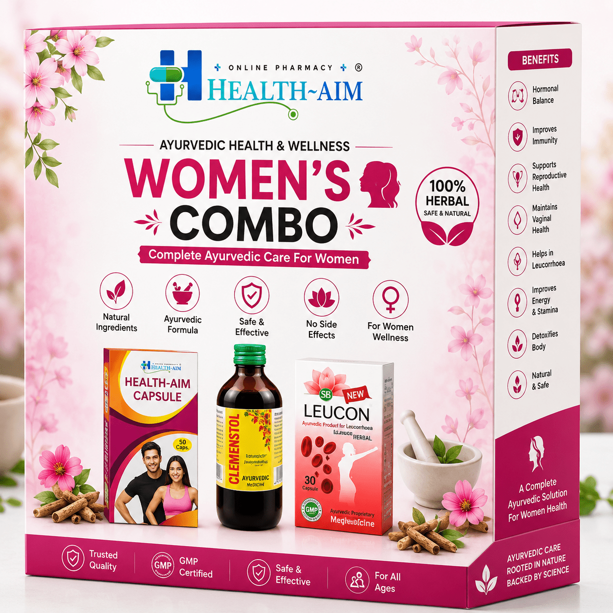 Ayurvedic Women's Health Big Combo Kit: Clemenstol Syrup + Leucon Capsule + Health Aim Capsule | 200ml + 30Cap + 50Caps - HEALTH AIM PHARMACY