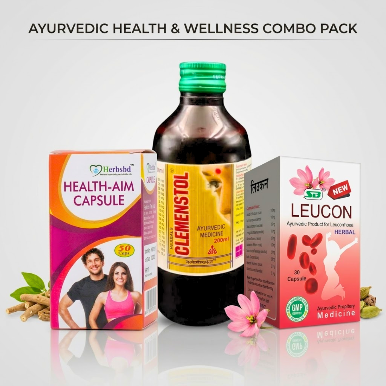 Ayurvedic Women's Health Clemenstol Syrup + Leucon Capsule + Health Aim Capsule | 200ml + 30Cap + 50Caps | Big Combo Pack - HEALTH AIM PHARMACY