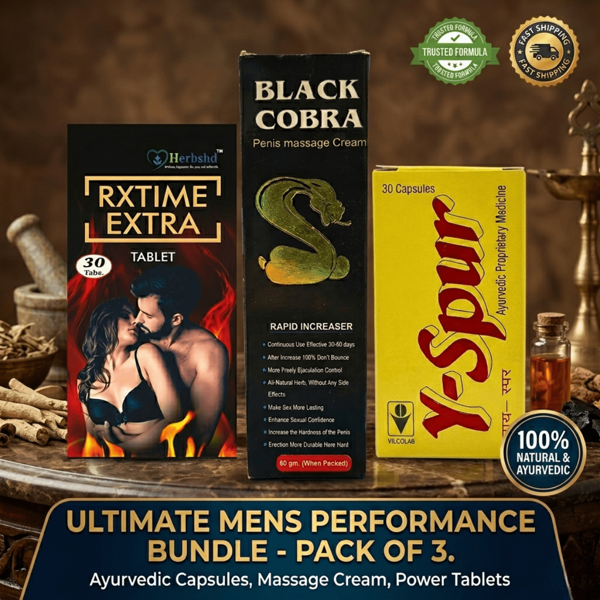 Ayurvedic Y Spur Capsule and RxTime Extra Tablet & Black Cobra Massage Cream Combo | 30Caps + 30Tabs + 60Gm | Combo Pack - HEALTH AIM PHARMACY