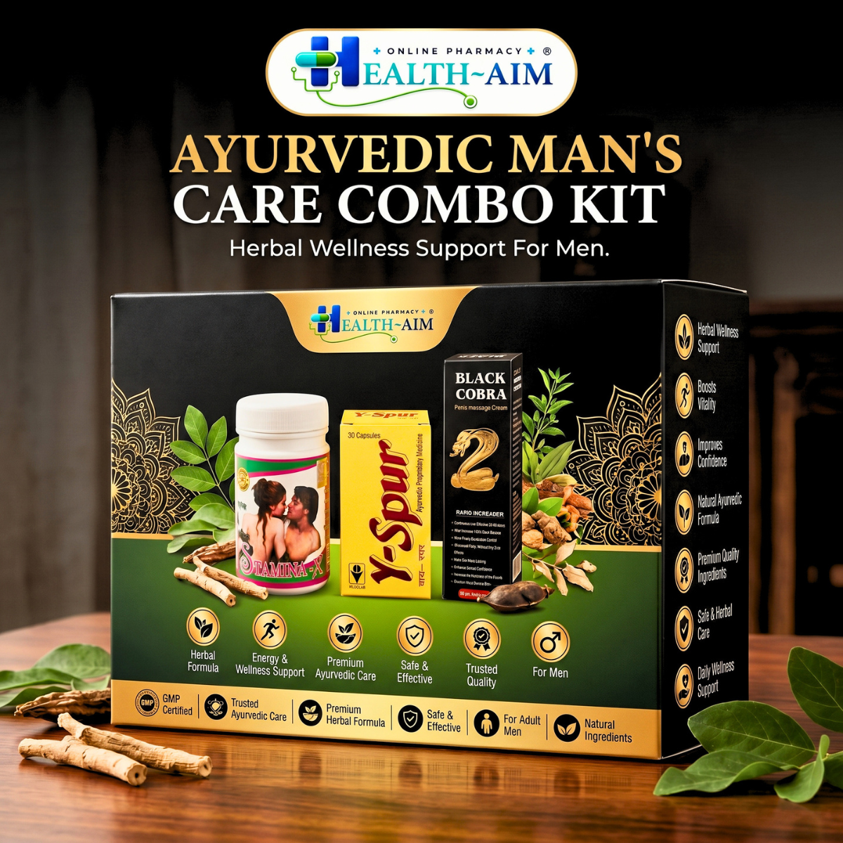 Ayuvedic Man's Combo Kit: Y - spur Capsule and Stamina - X Powder & Black Cobra Massage Cream Combo | 30Caps + 100gm + 60gm - HEALTH AIM PHARMACY