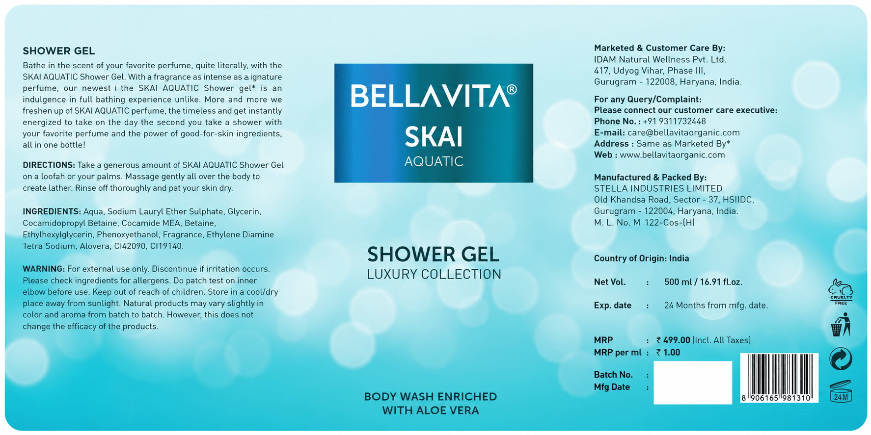 BELLAVITA SKAI Aquatic Shower Gel - 500ml - HEALTH AIM PHARMACY