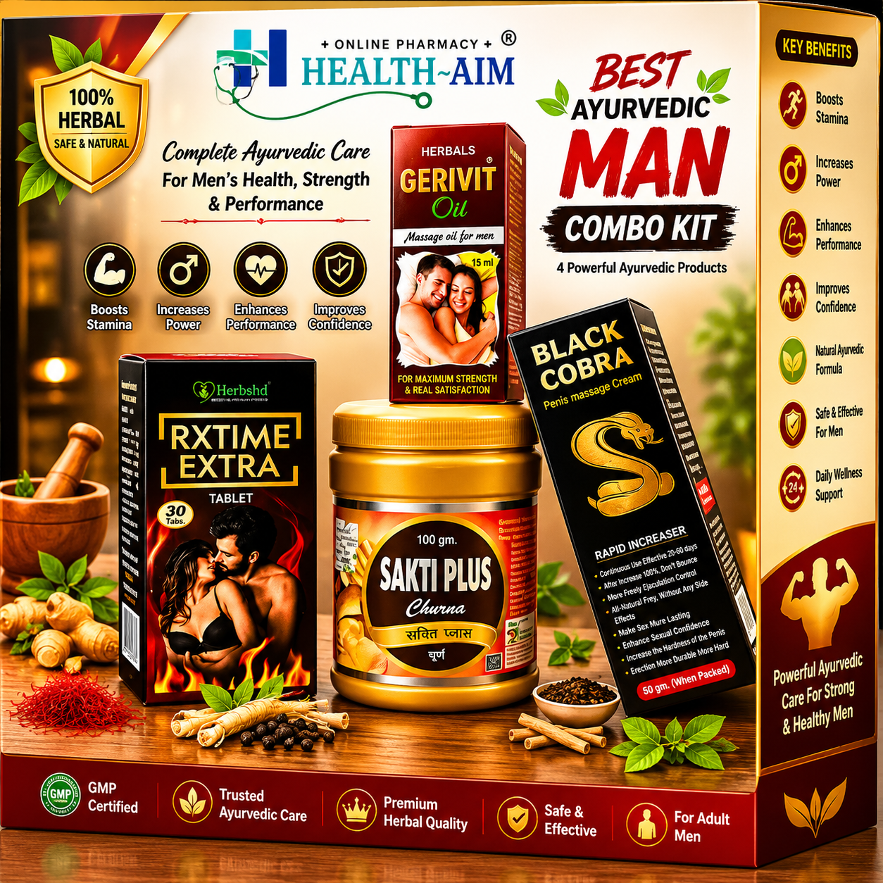 Best Ayurvedic Man Combo Kit: RxTime Extra Tablet,Shakti Plus Powder,Gerivit Oil & Black Cobra Massage Cream Combo | 30Tabs + 100g + 15ml + 60g - HEALTH AIM PHARMACY