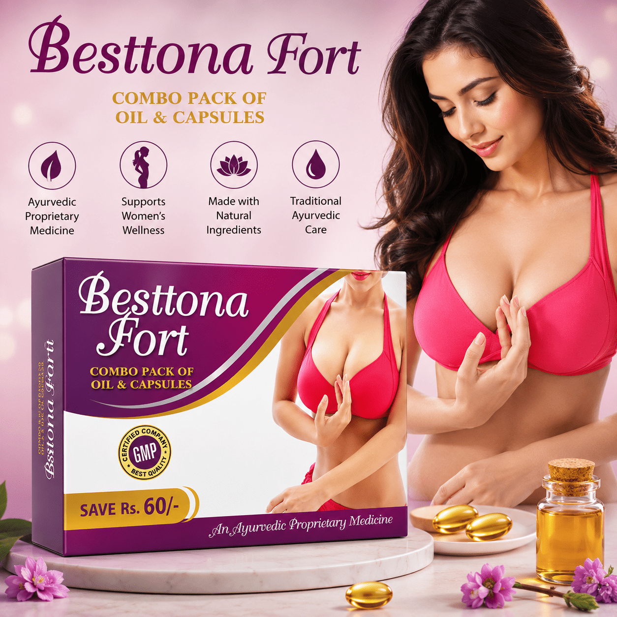 Breast Enlargement Besttona fort Oil and Capsule (Pack of 2) - HEALTH AIM PHARMACY